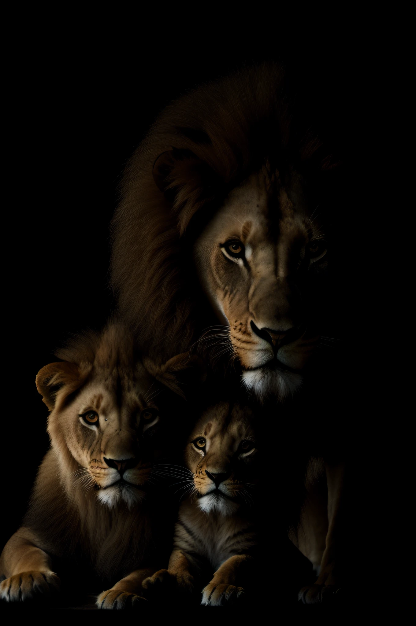 there is a lion, a lioness and 5 cubs with fury look,family moment, adult lion and adult lioness petting the cubs, 8k artistic portrait photography, portrait shot, dark complexion, flower woman, dark skin, soft portrait 8k shot, 8k shot portrait, high quality portrait, editorial portrait