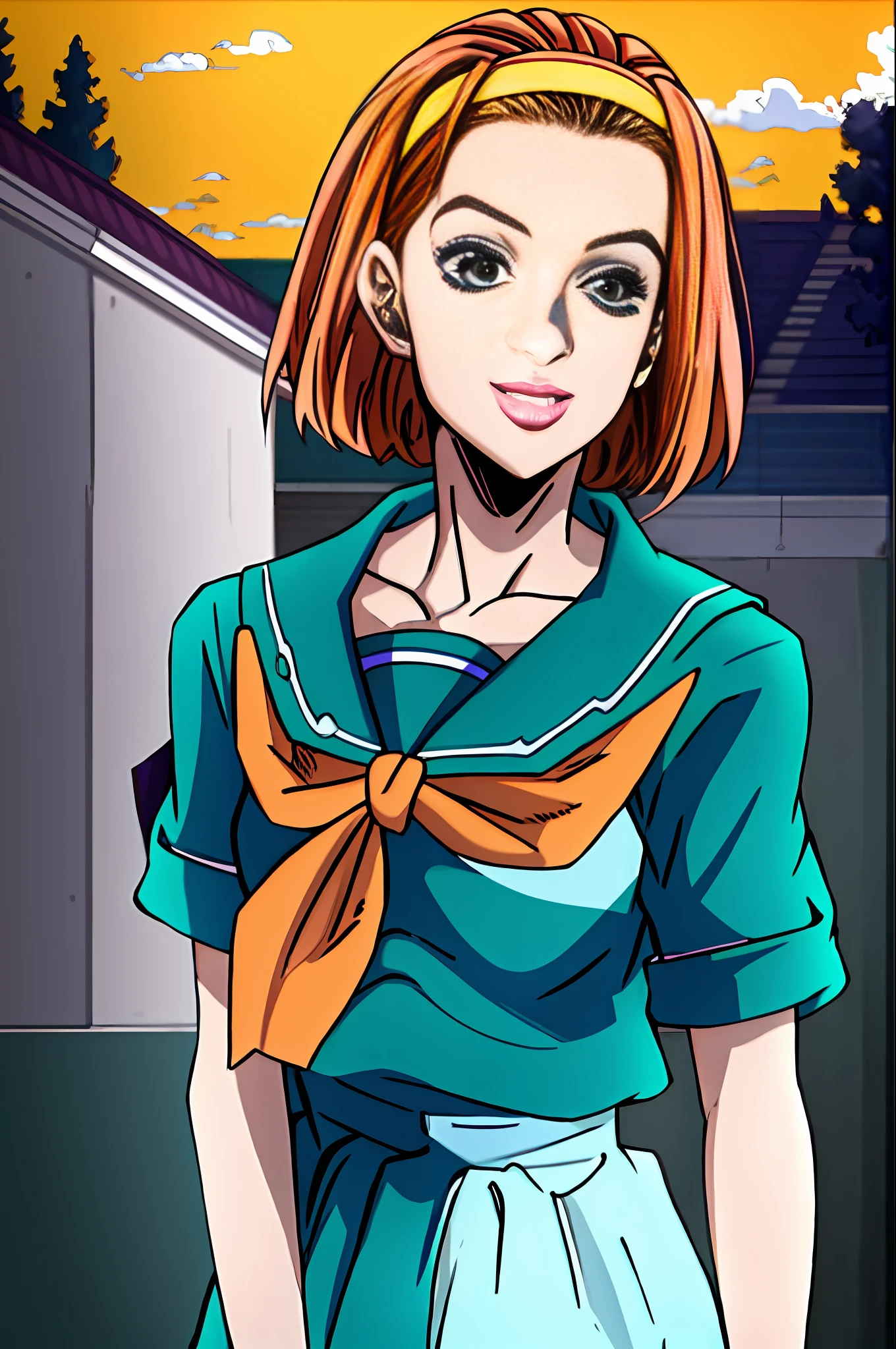 masterpiece, best quality, absurdres, 1girl, hairband, medium small breasts, parted lips, smile, serafuku, green shirt, short sleeves, purple neckerchief, (streets, outdoors, orange sky), araki hirohiko (artstyle), diamond wa kudakenai, upper body, portrait