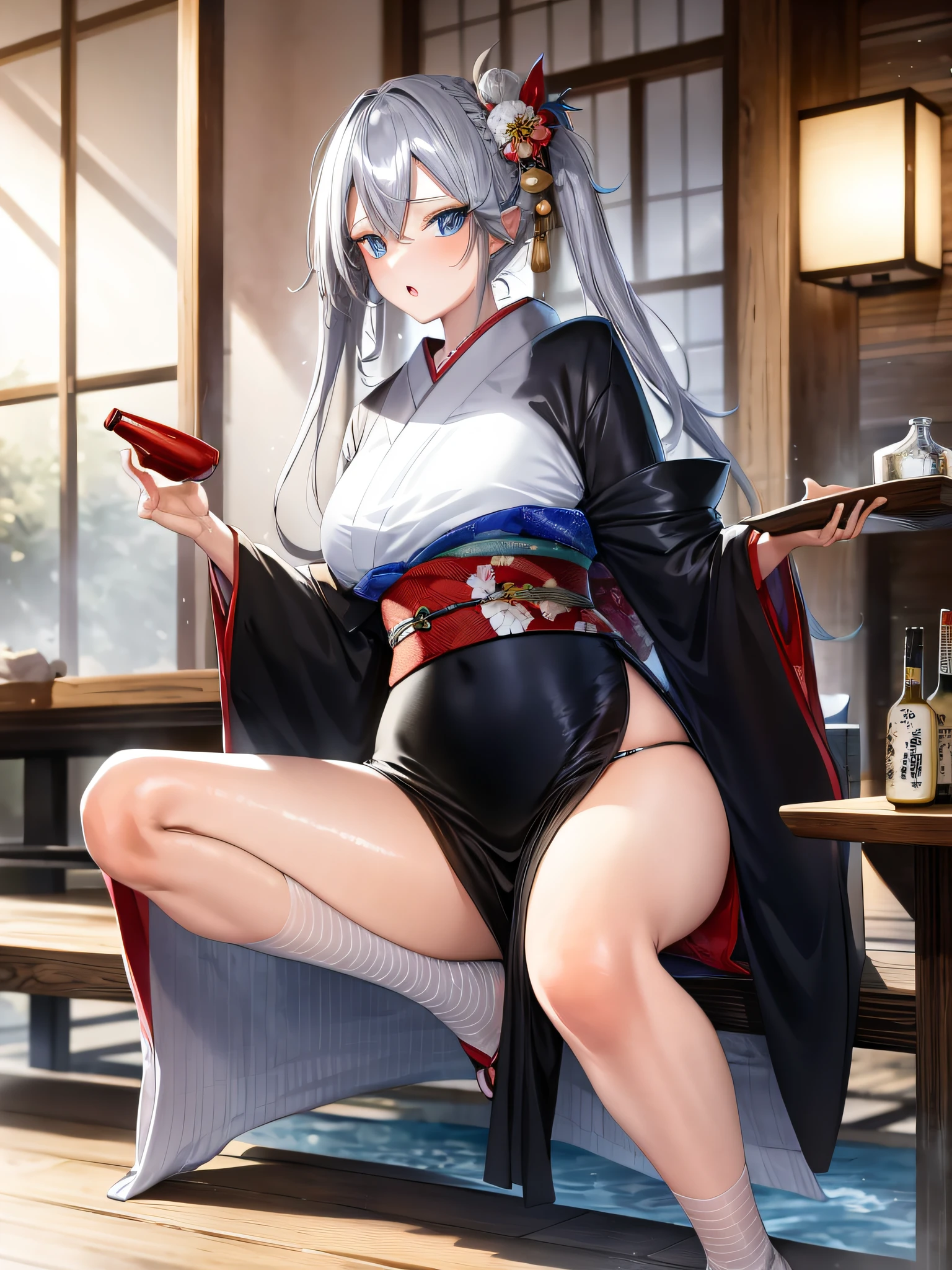 masterpiece, best quality, 1girl, alcohol, bangs, blush, breasts, cup, eyebrows_visible_through_hair, hair_between_eyes, hair_ornament, japanese_clothes, kimono, long_hair, long_sleeves, looking_at_viewer, open_mouth, (silver_hair:1.1), sake, sake_bottle, sitting, solo, thighs, very_long_hair, wide_sleeves, twintails, ,