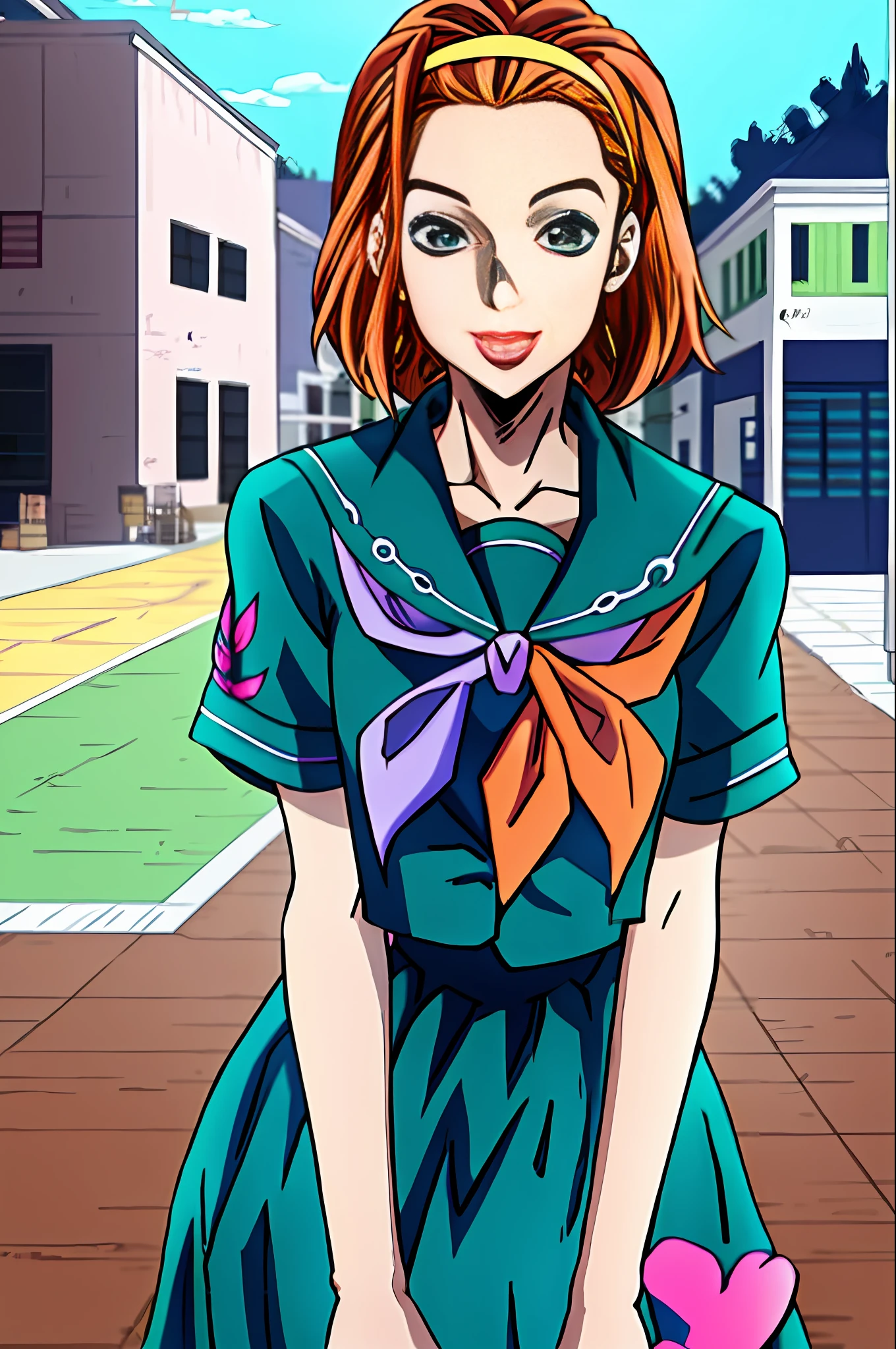 masterpiece, best quality, absurdres, 1girl, hairband, medium small breasts, parted lips, smile, serafuku, green shirt, short sleeves, purple neckerchief, (streets, outdoors, orange sky), araki hirohiko (artstyle), diamond wa kudakenai, upper body, portrait