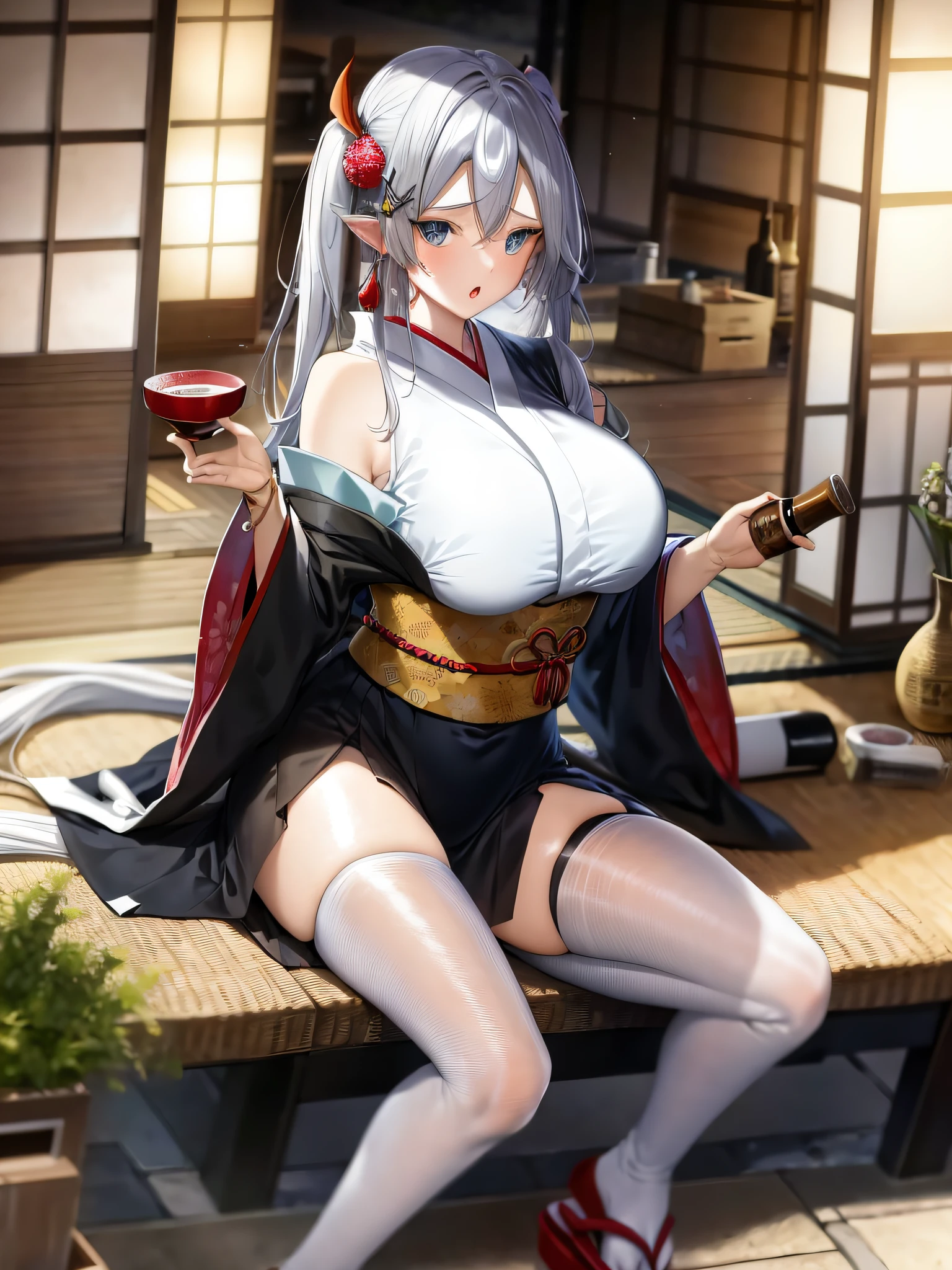 masterpiece, best quality, 1girl, alcohol, bangs, blush, breasts, cup, eyebrows_visible_through_hair, hair_between_eyes, hair_ornament, japanese_clothes, kimono, long_hair, long_sleeves, looking_at_viewer, open_mouth, (silver_hair:1.1), sake, sake_bottle, sitting, solo, thighs, very_long_hair, wide_sleeves, twintails, ,