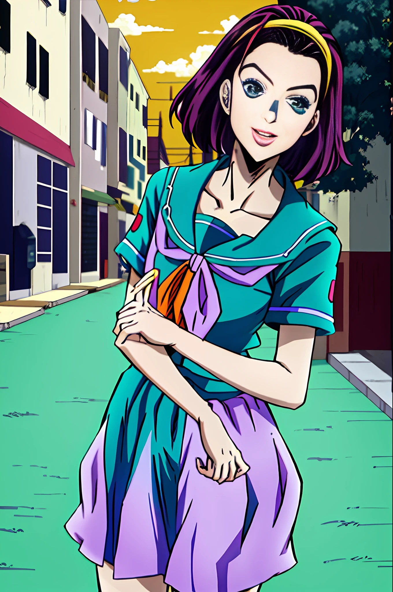 masterpiece, best quality, absurdres, 1girl, hairband, medium small breasts, parted lips, smile, serafuku, green shirt, short sleeves, purple neckerchief, (streets, outdoors, orange sky), araki hirohiko (artstyle), diamond wa kudakenai, upper body, portrait