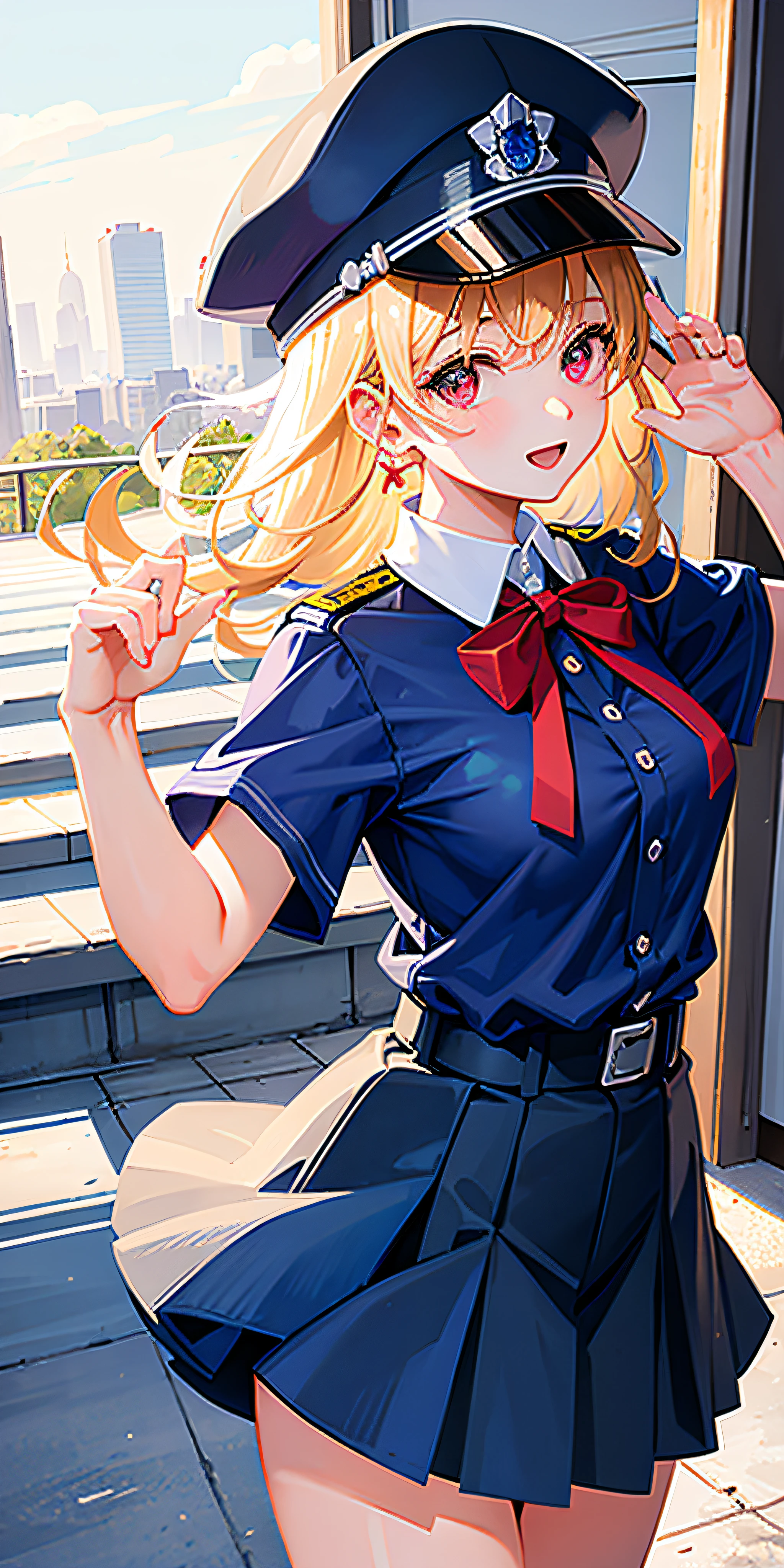 Masterpiece, cowboy shooting, cop, 1girl, solo, uniform, ribbon, hat, policewoman, solo, shirt, bangs, tie, breasts, blur, police uniform, blonde, hairband, red ribbon, police cap, short hair, looking at the viewer, red eyes, short sleeves, looking from the side, collared shirt, blue shirt, detailed city background, black tie, salute and laughter,