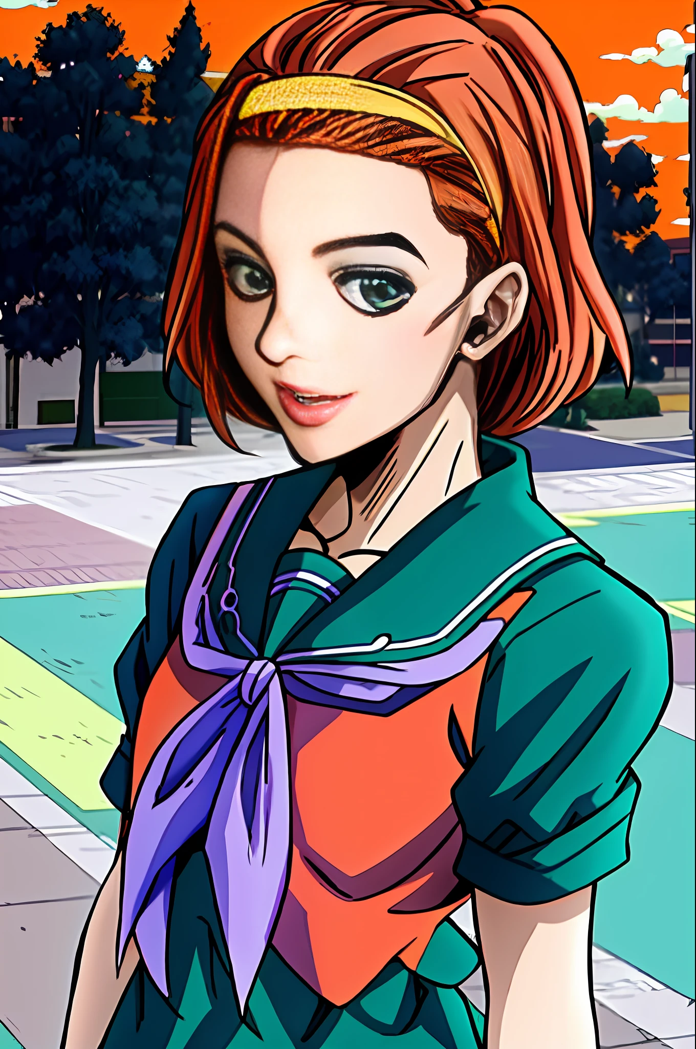 masterpiece, best quality, absurdres, 1girl, hairband, medium small breasts, parted lips, smile, serafuku, green shirt, short sleeves, purple neckerchief, (streets, outdoors, orange sky), araki hirohiko (artstyle), diamond wa kudakenai, upper body, portrait