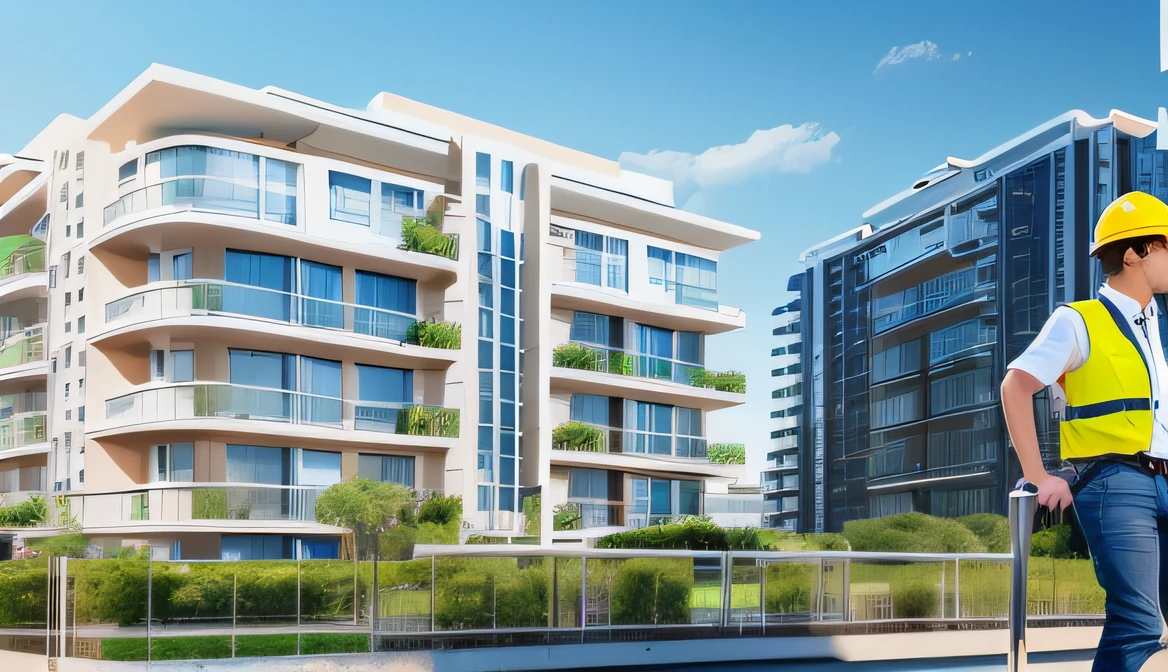 Create a detailed illustration of the façade of a condominium, with a civil engineer in a helmet in front of the building --auto --s2