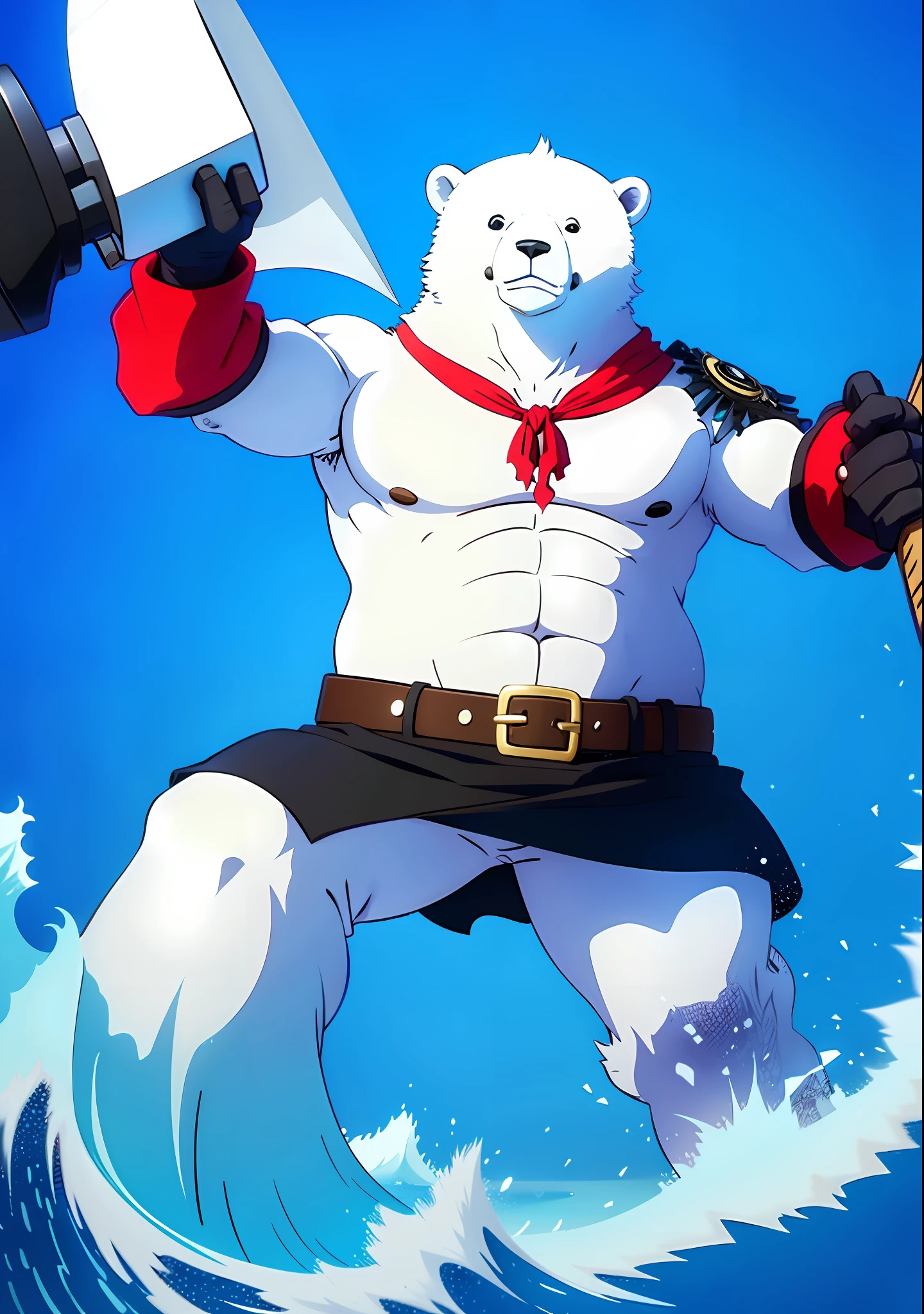 Pirate polar bear with powers to increase in size, using a pistol and an axe