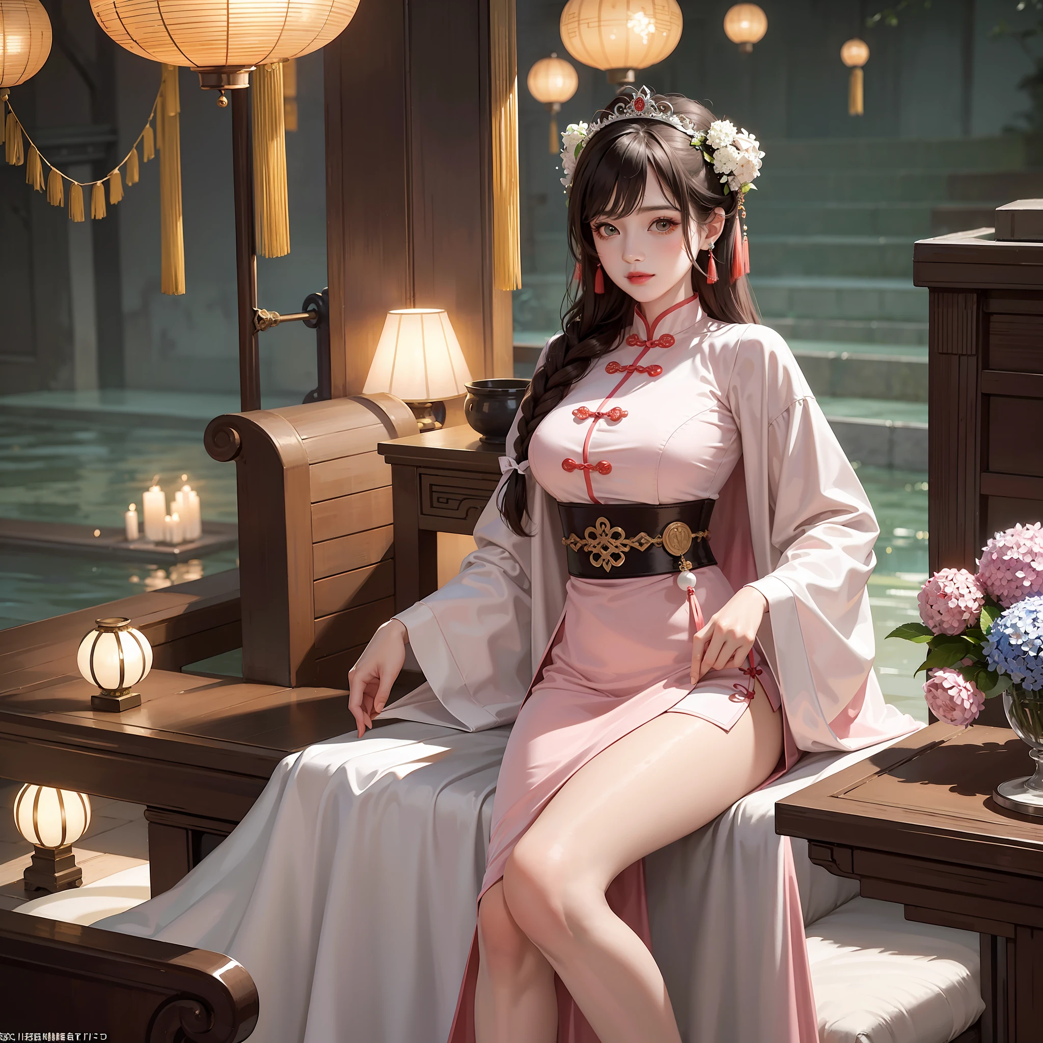 Masterpiece: The Best Night Full Moon 1 Female Mature Chinese Style Ancient Chinese Sister Royal Sister Smile Brown Hair Princess Cut Single Twist Braid Double Pill Head Light Pink Lips, Calm, Intellectual, Medium Hair, Green Eyes, Hairpin, Hydrangea,