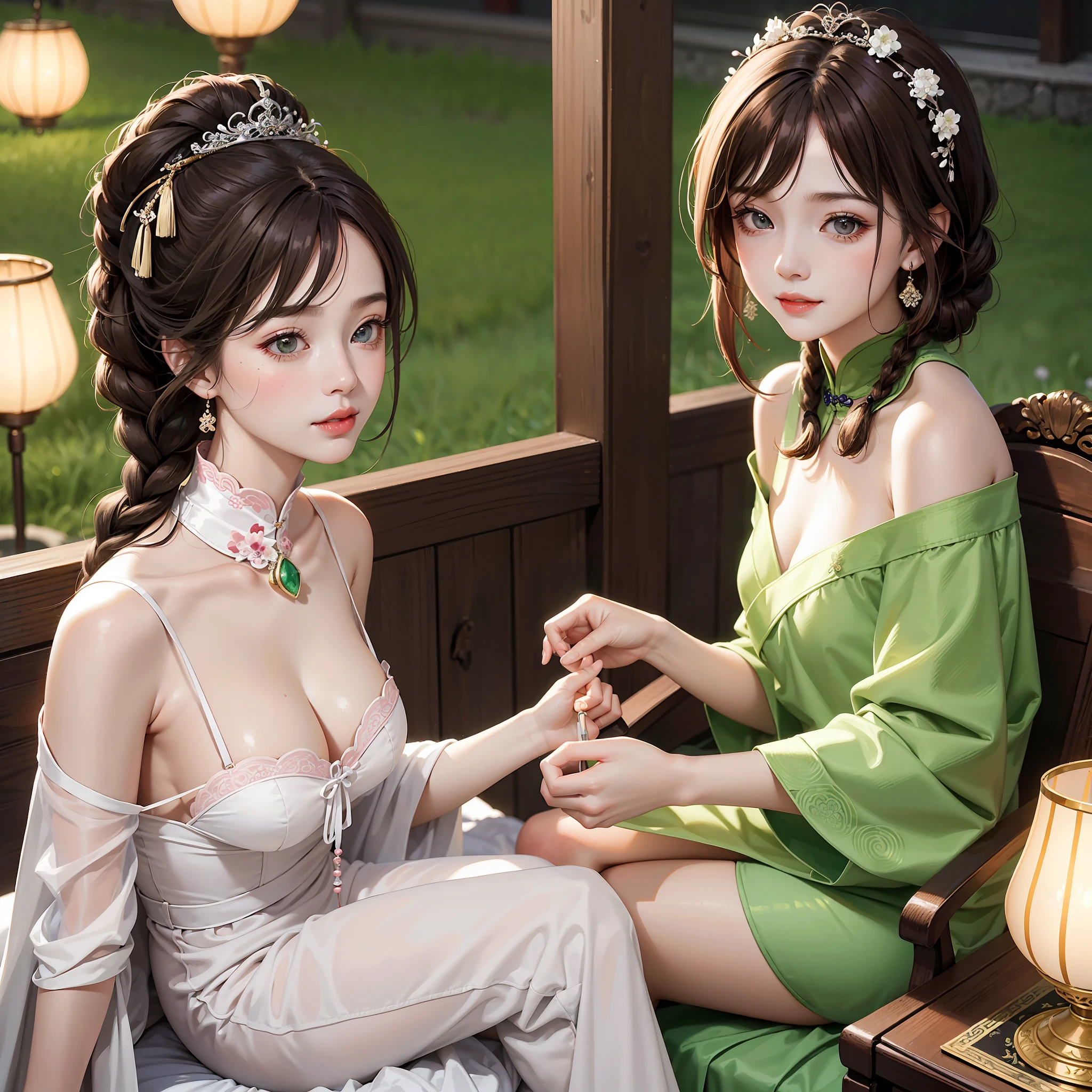Masterpiece: The Best Night Full Moon 1 Female Mature Chinese Style Ancient Chinese Sister Royal Sister Smile Brown Hair Princess Cut Single Twist Braid Double Pill Head Light Pink Lips, Calm, Intellectual, Medium Hair, Green Eyes, Hairpin, Hydrangea,
