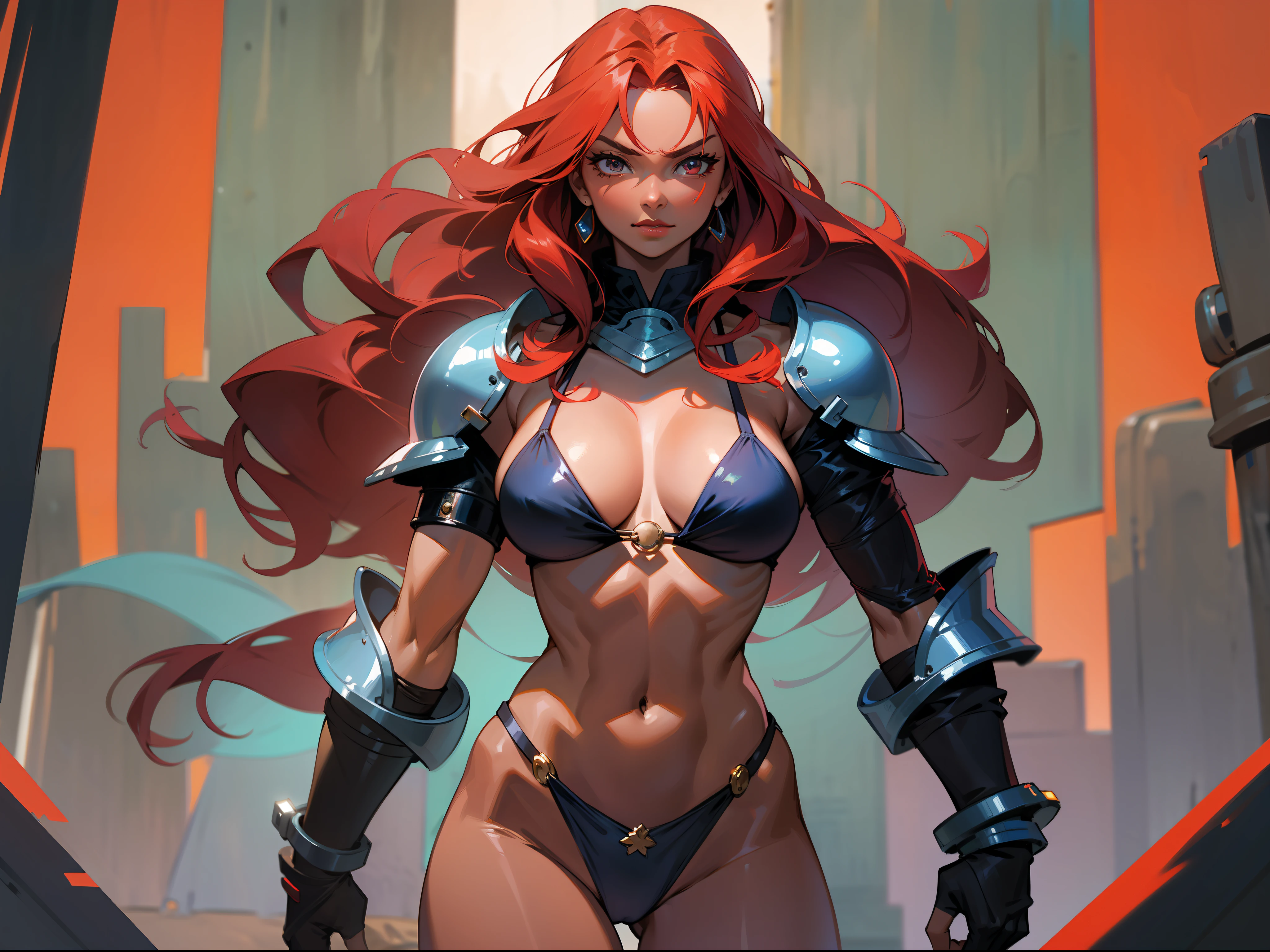 Mature woman, strong, dark skin, bikini, warrior, long red hair, 80s, fantasy.