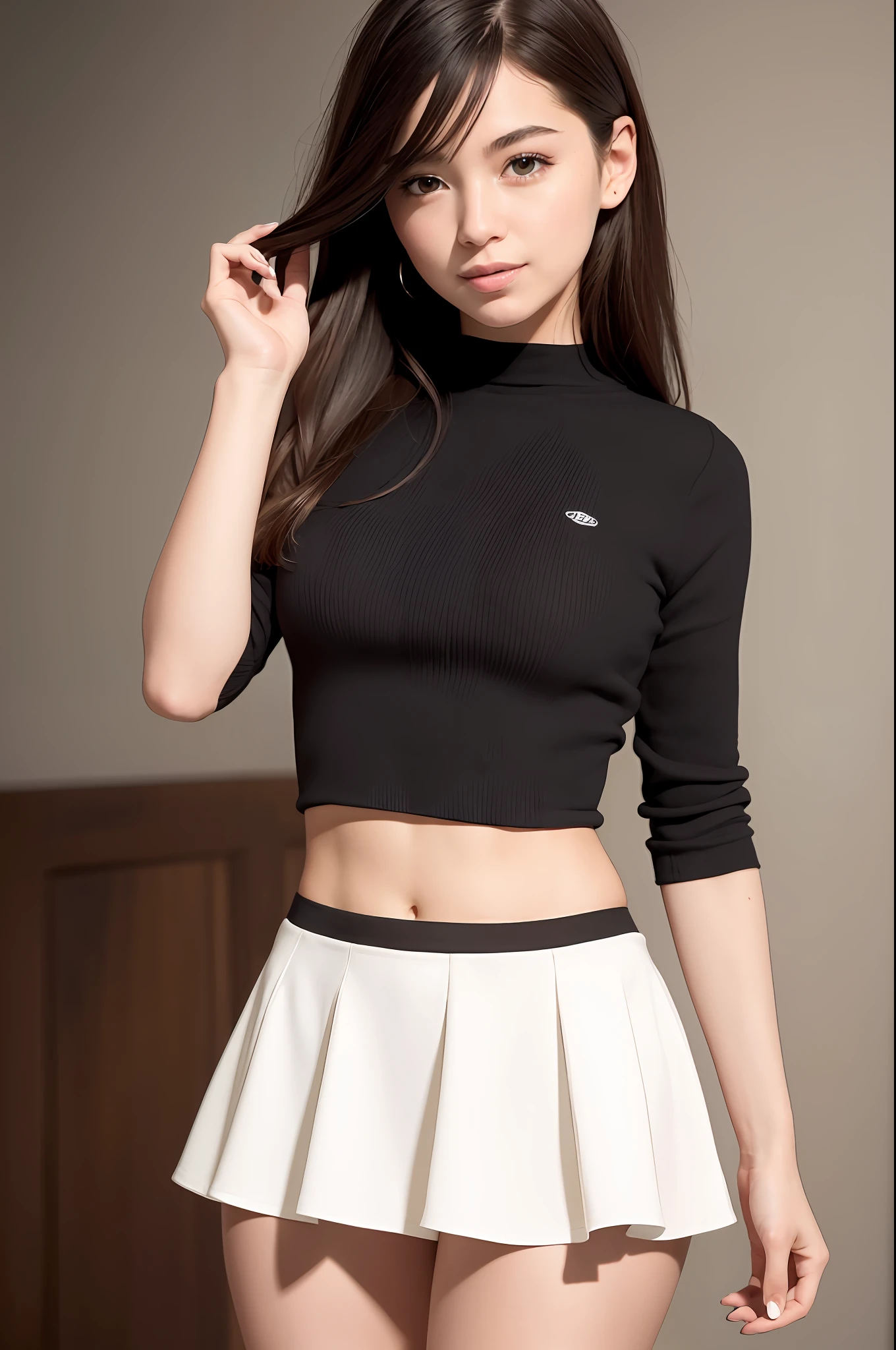 (8K, Best Quality, Masterpiece: 1.2), (Realistic, Photorealistic: 1.37), Super Detail, One Girl, Cute, Solo, (Redness of the Nose), (Smile: 1.15), (With Mouth Closed), Beautiful Eyes, (Middle Hair: 1.2), Floating Hair Novafrog style, full body, tight and viscous crop top, mini skirt,