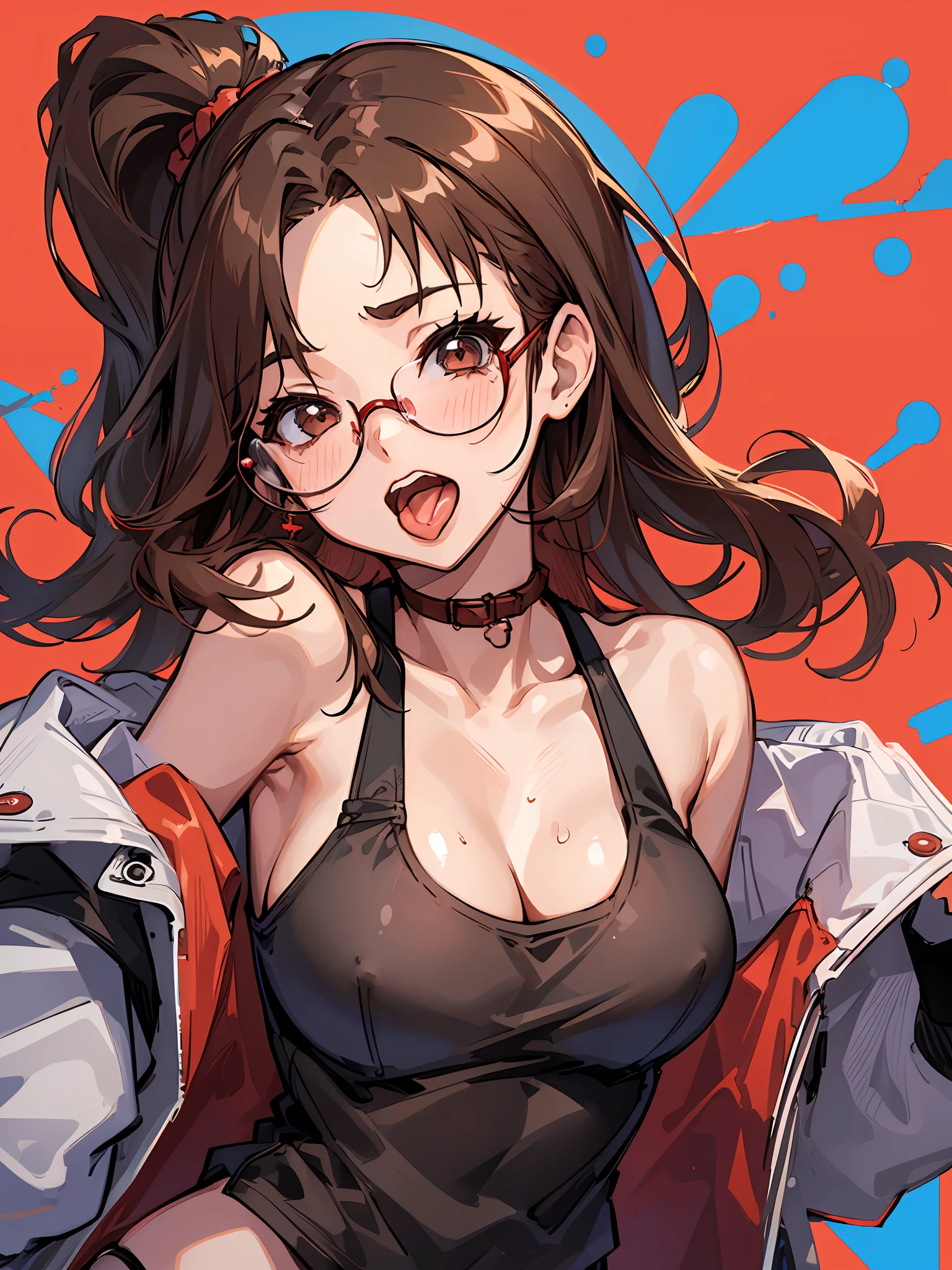 (((1girl))), hands up, brown long hair, tank-top, jacket, open shoulder, cowboy shot, bikini, glasses, medium breast, red background, open mouth, stick out her tongue out at viewers, flushed,