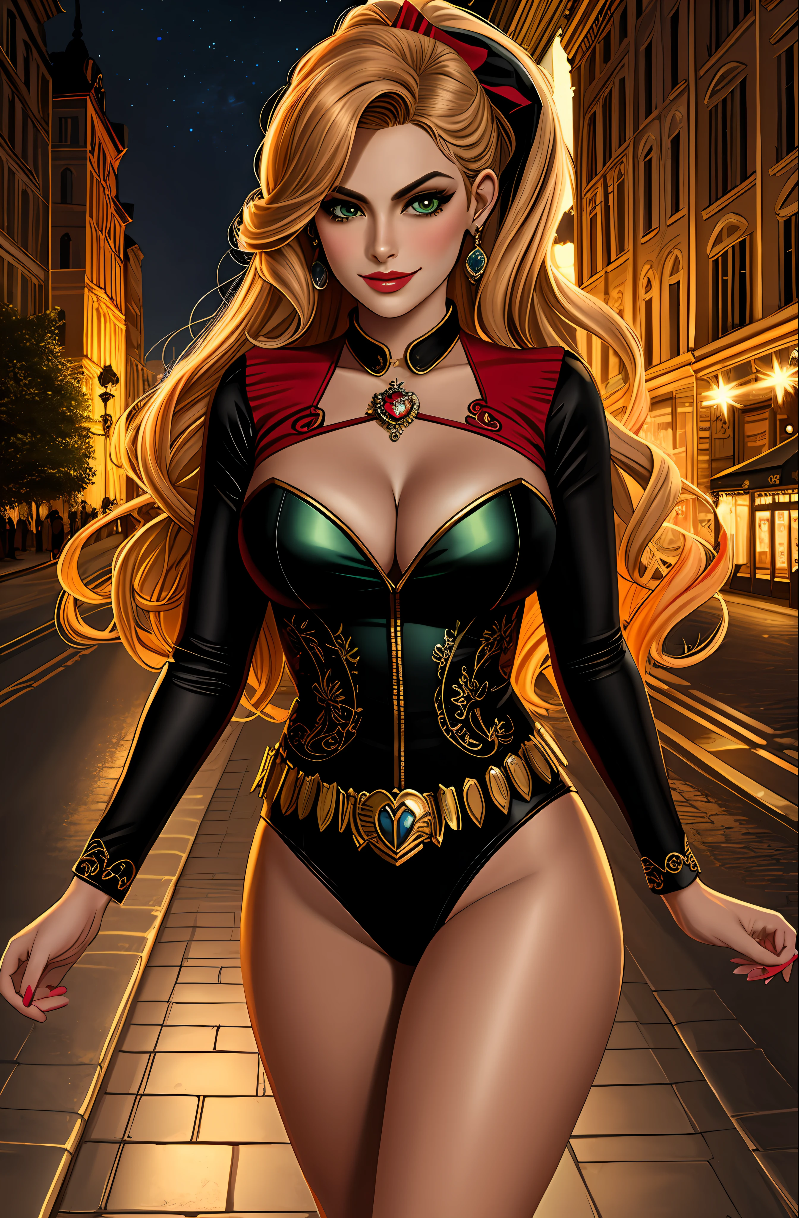 Eva Mendes Harley Quinn of DC Comics beautiful Hungarian woman, intricately decorated, realistic rendering Character design, photorealistic, unreal mechanism, hyperdetailed. ((best quality)), ((masterpiece)), ((realistic)), (detailed), close-up portrait, full-body portrait, green eyes, black and red costume, highly detailed skin and hair, looking at the viewer, stunning gradient colors, sadistic smile, detailed background, city at night, detailed mouth, incredibly detailed, ((masterpiece)), absurdities, HDR.