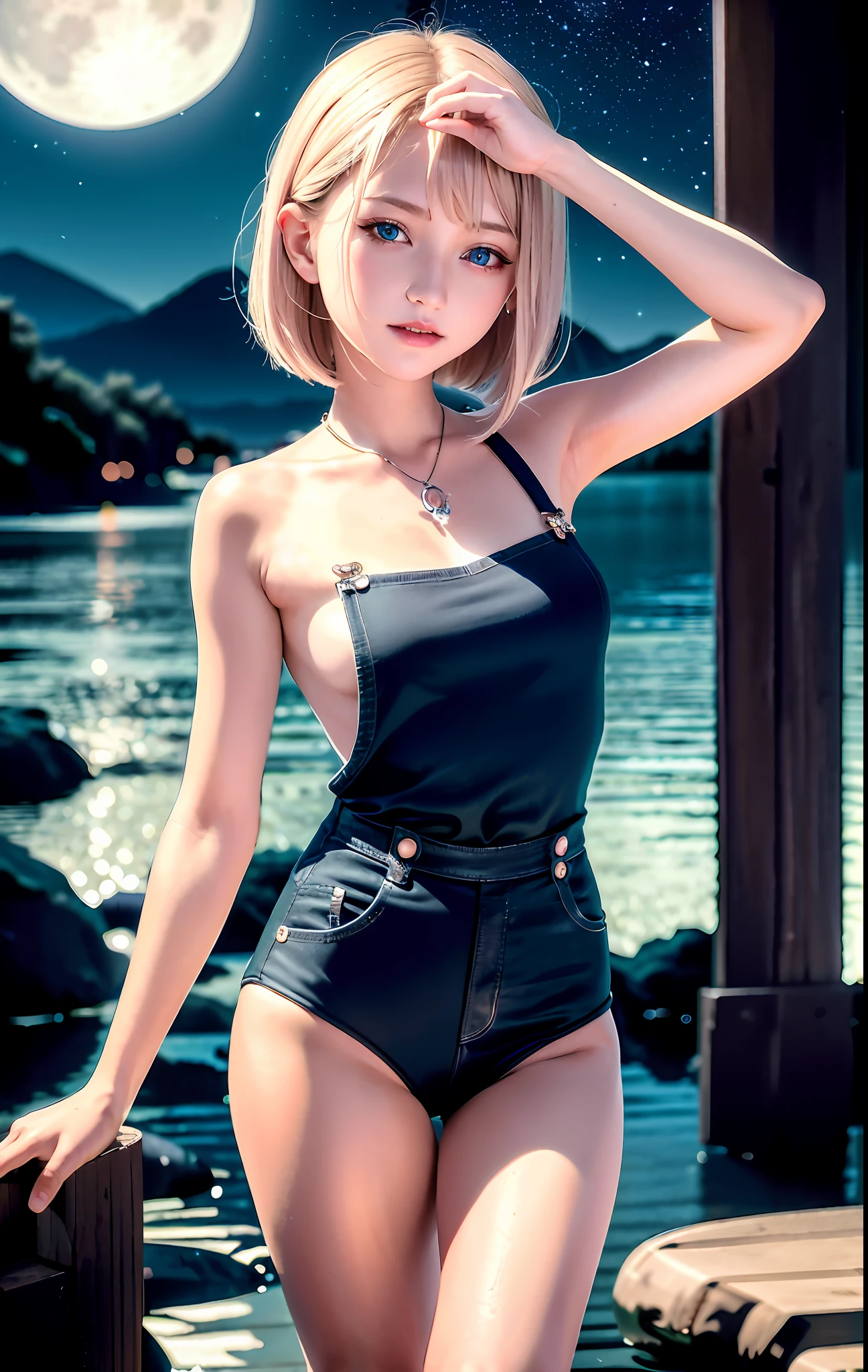 1 girl, serene expression, detailed whole body, vampire smile, mesmerizing blue eyes, short straight hair, wine overalls, balanced posture, porcelain skin, subtle blush, golden crystal pendant, (rim lighting): 1.2, warm tones, moon reflection, soft shadows, vibrant colors, pictorial effect, dark atmosphere, distant mountains, scary trees, calm water, reflection, moonlit clouds,  Tranquil environment, idyllic moonlight, ultra detailed, official art, 8k unit wallpaper, zentangle, mandala