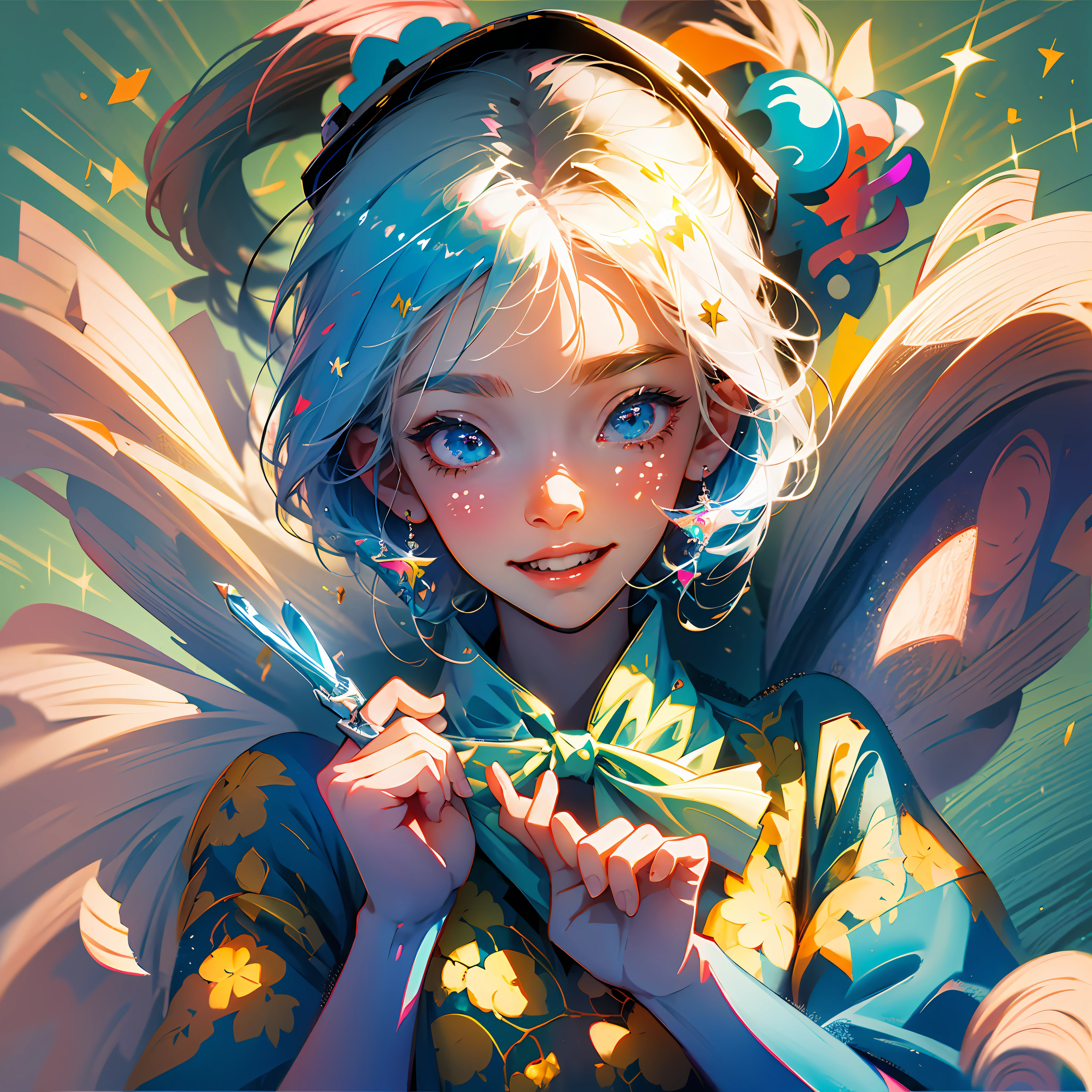 cute, girl laughing, holding a paper pinwheel, happy, childlike, clear picture quality, cute kawaii girl, cute anime girl, loli, cute anime, cute art style, --auto --s2