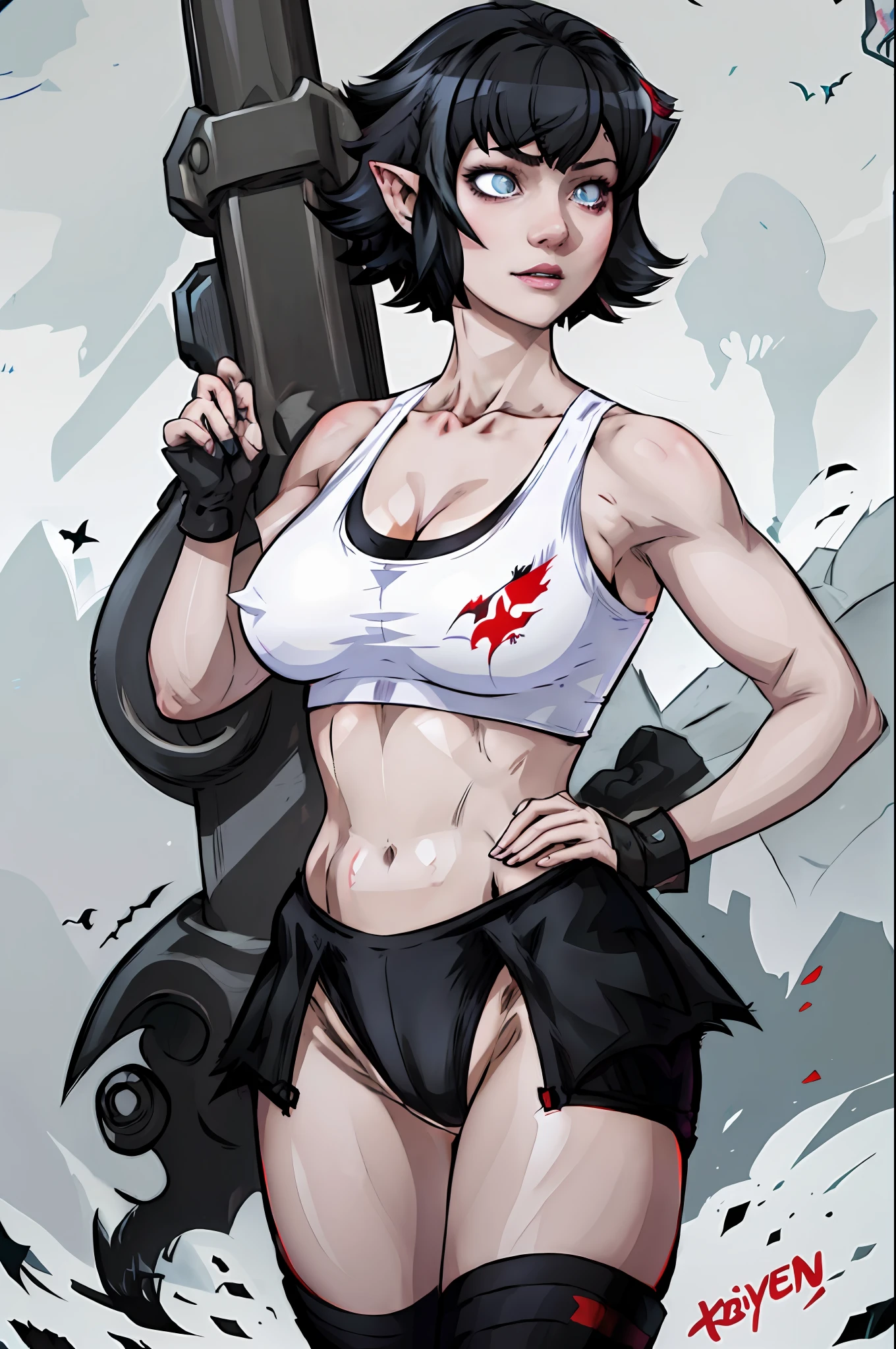 1girl, highres, sharp focus, pixiv masterpiece, ((intricate details)), highly detailed, one eye, detailed eyes, pale skin, fair skin, short hair, black hair, cat eyes, muscular,abdomen, pointy ear, vampire, costume: sportswear, calvin klein, calvin klein style panties, calvin clein style sports bra, cleavin neckline, underboob, joy ride style, ilya kuvshinov,Anime Moe Artstyle, Female anime character, Anime character,