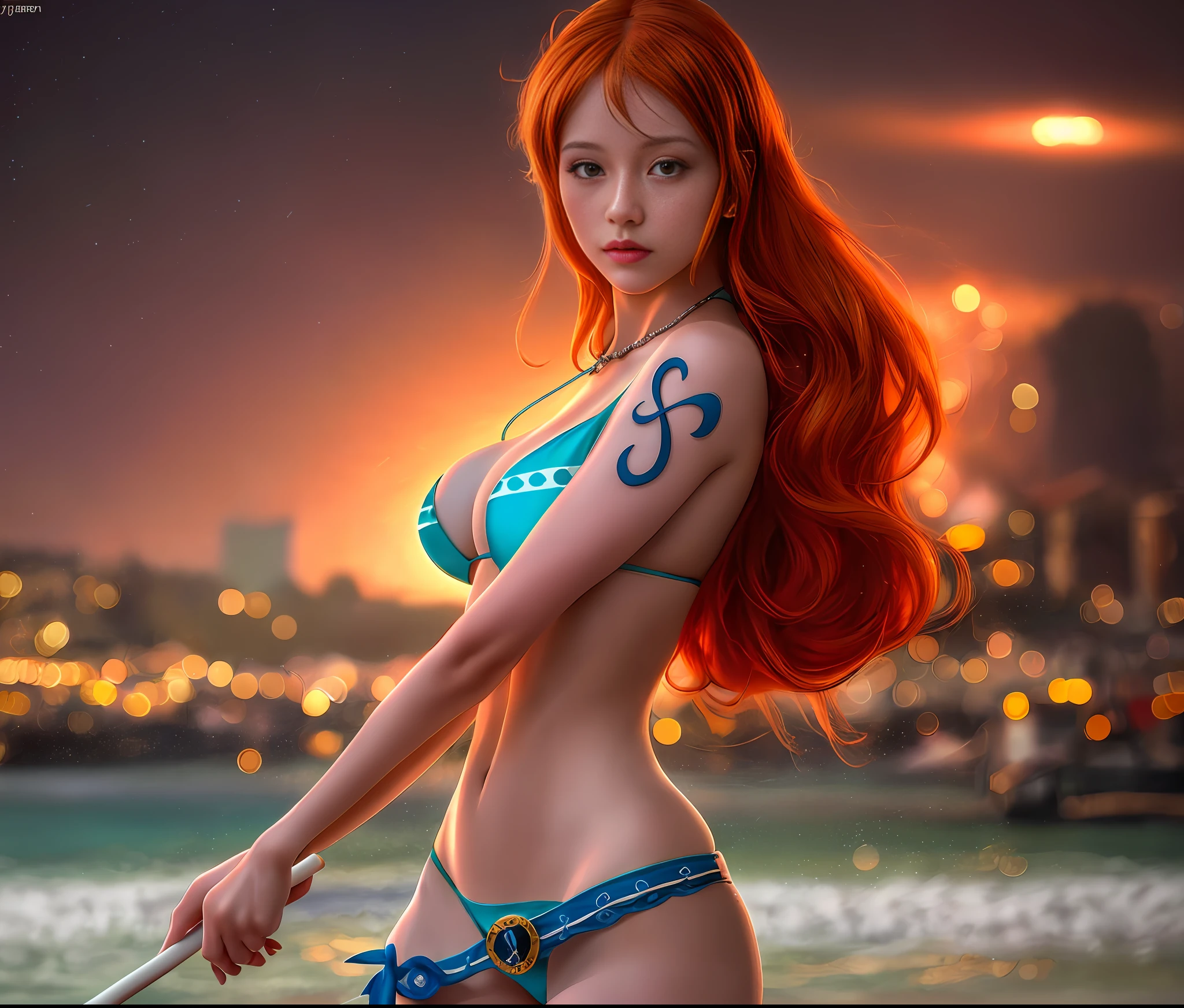 Top quality, 8k, 32k, Masterpiece, photo realistic, realistic, anime girl in bikini standing on the beach, nami from one piece, nami one piece, nami, portrait of beautiful nami, from one piece, one piece, she has long red hair orange, female anime character, she has long orange brown hair, professional makeup, necklace, very big ed woman, (seductive pose), Sexy, utiful white face shining, beautiful face, pink cheeks, beautiful lips, porcelain skin, detail intricate, super detailed, super high, highest detailed, high detailed, delicate, incredible detailed, fine detailed, cinematic lighting, top quality, masterpiece, smooth and beautiful, CG , unity, 8k wallpaper, Stunning, fine detail, unity CG wallpaper 8k ultra detailed, large file size, ultra detailed, high resolution, incredible detail, stunning detail, depth of field, oil painting effect in Rembrandt art style, concept portrait art in Stanley Artgerm Lau style, WLOP, trending on Artstation, epic, trend in society, detailed digital painting, very high quality model.