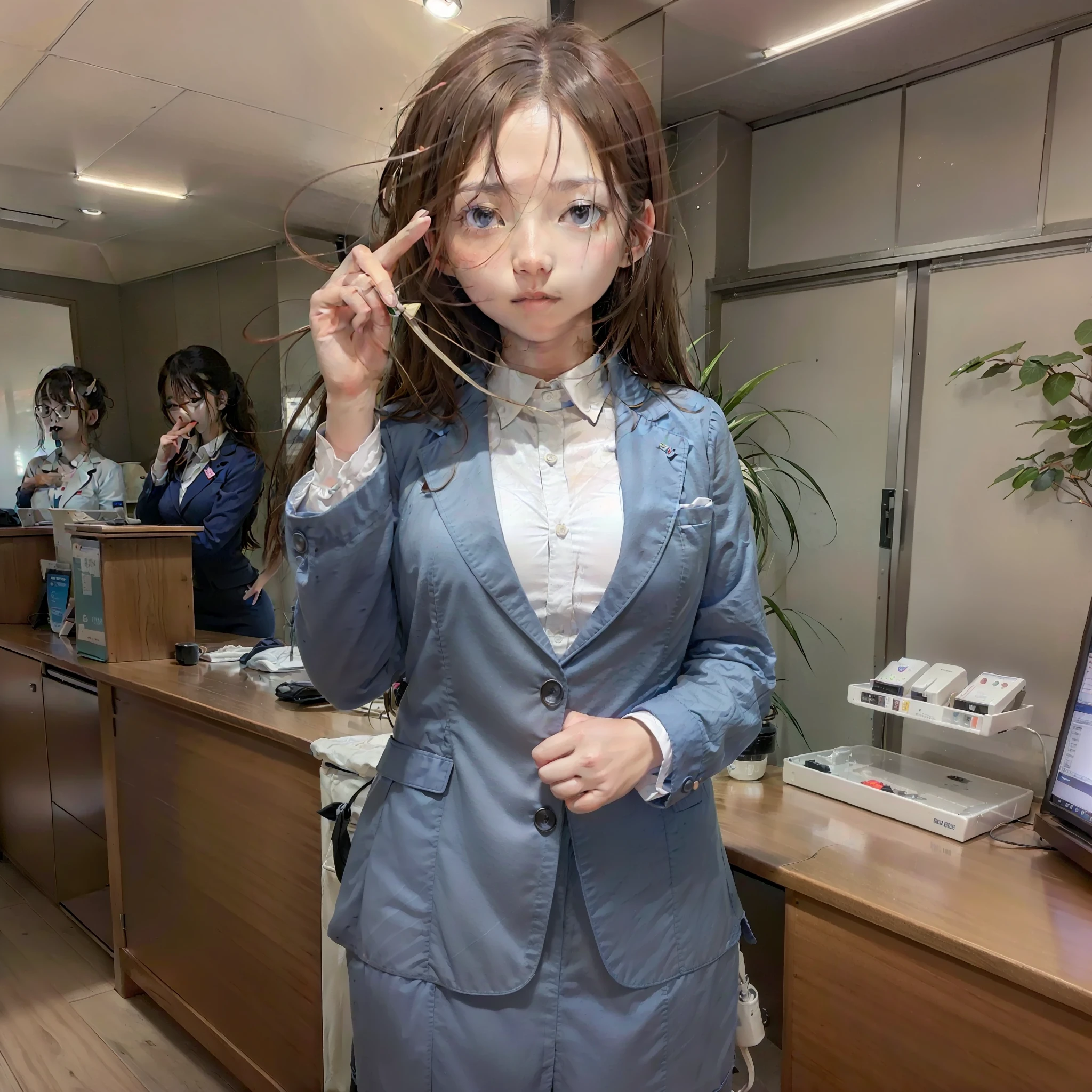 Japan young women are working as receptionists in dark blue suits. Looking straight ahead and standing up. The left hand is pointing to the right with the right hand down.