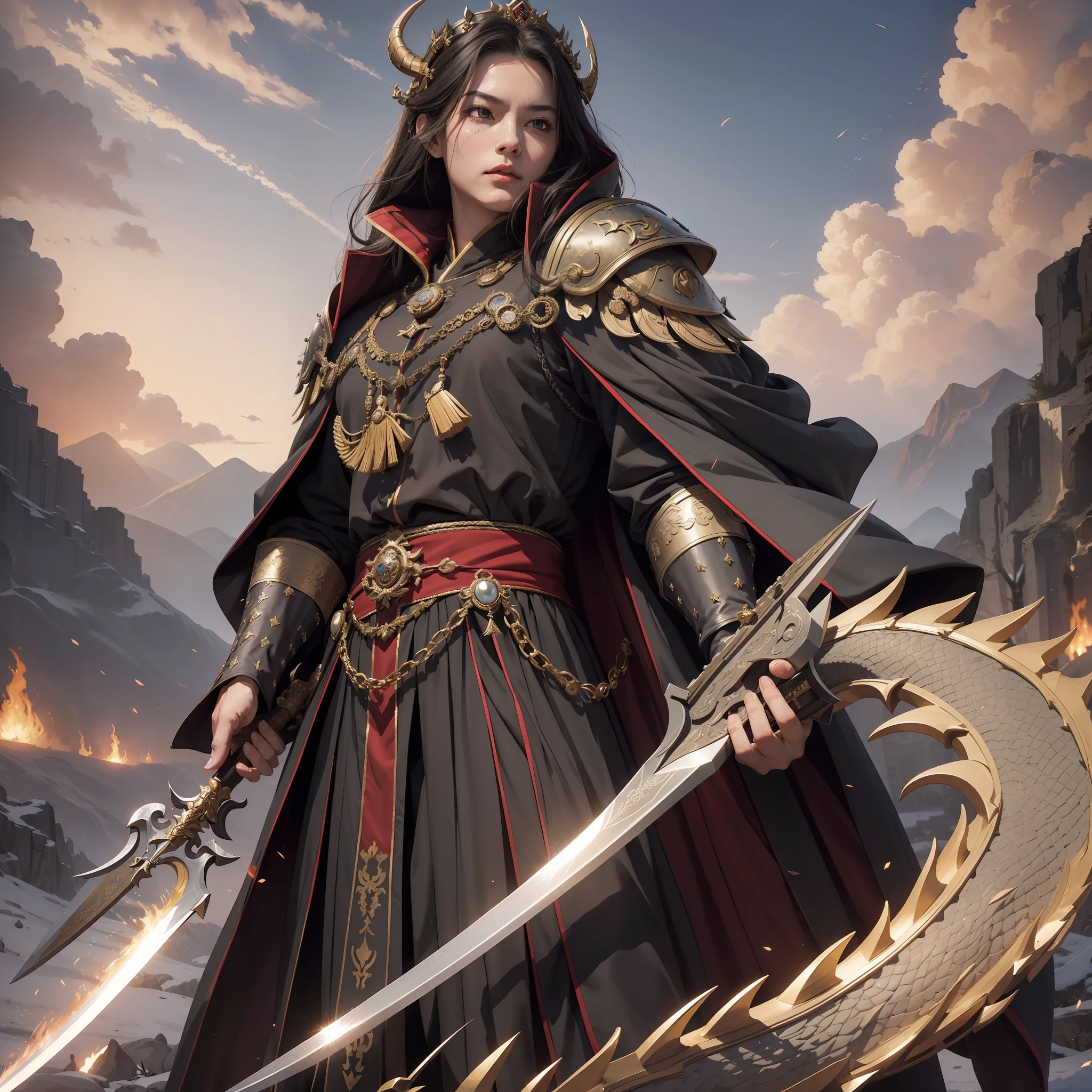 An emperor, domineering, majestic and solemn, solemn face, sharp eyes, (holding weapons), power, determination, gorgeous imperial clothing, dragon robes, battle robes, status, authority, head high, looking down on the world, best quality, photo quality, cinematic quality, 8k, super detailed details, realistic, (character realism: 1.2),