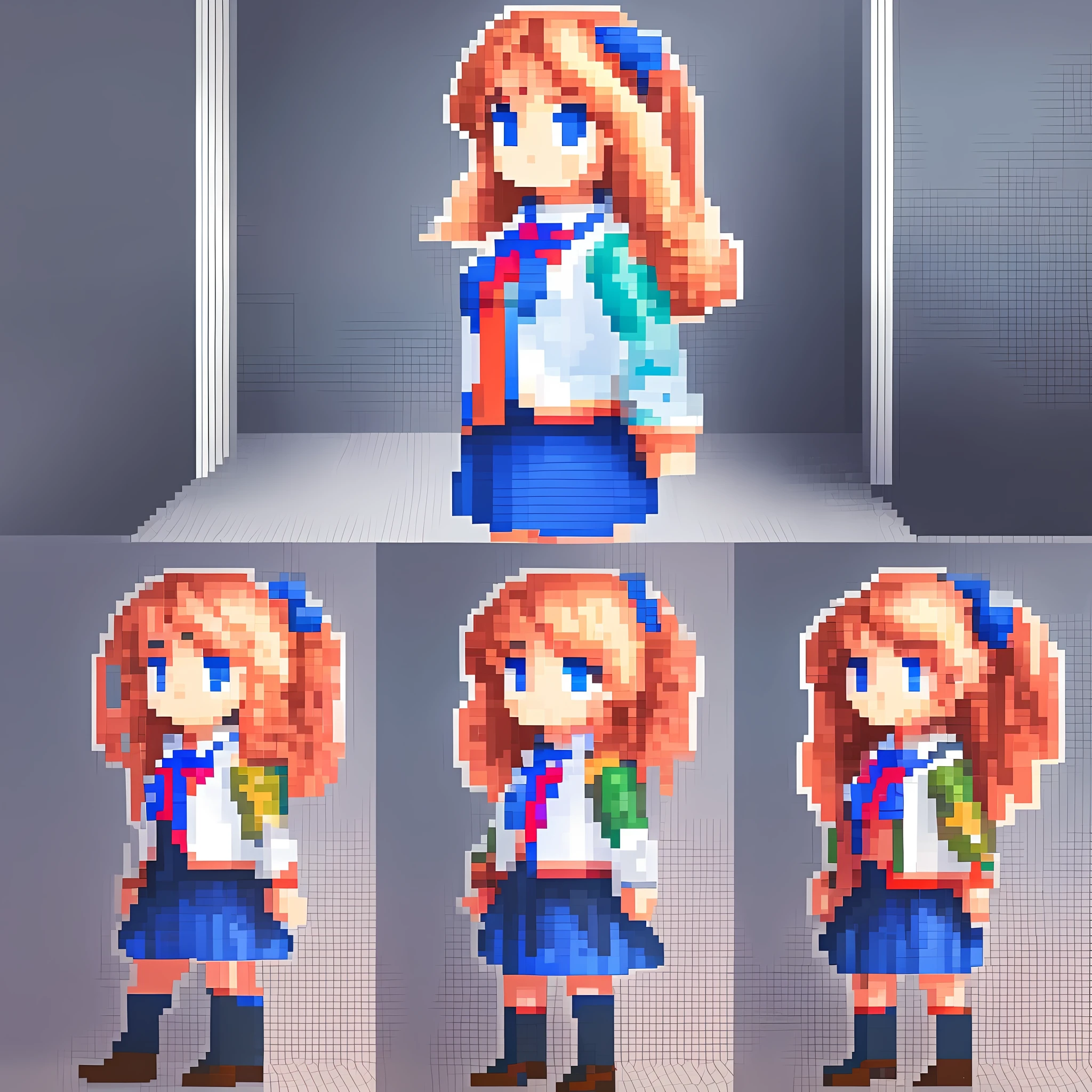 Full pixel of 1 girl in school uniform (she stands in transparent background), depicted using 16-bit pixel detail, pixel art style, pixel art, character Q version, (((same character multiple views))), super detailed, generate three views, i.e. front view, side view and rear view, no borderline, HD, full body, simple background!! --auto --s2