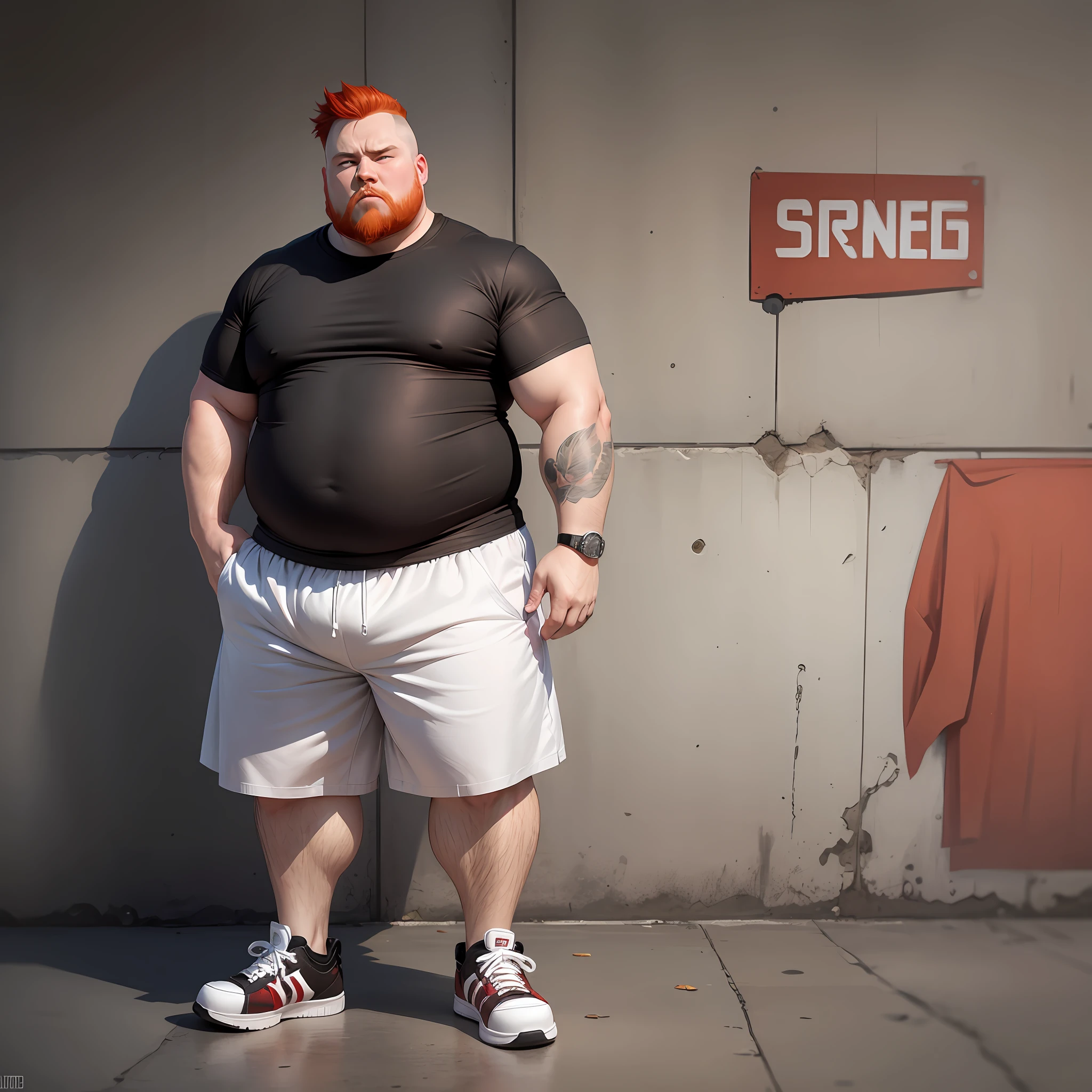 A fat man of short stature, strong redhead with short shaved hair, in a wide black T-shirt, in sneakers, in shorts short white hair with freckles red goatee standing