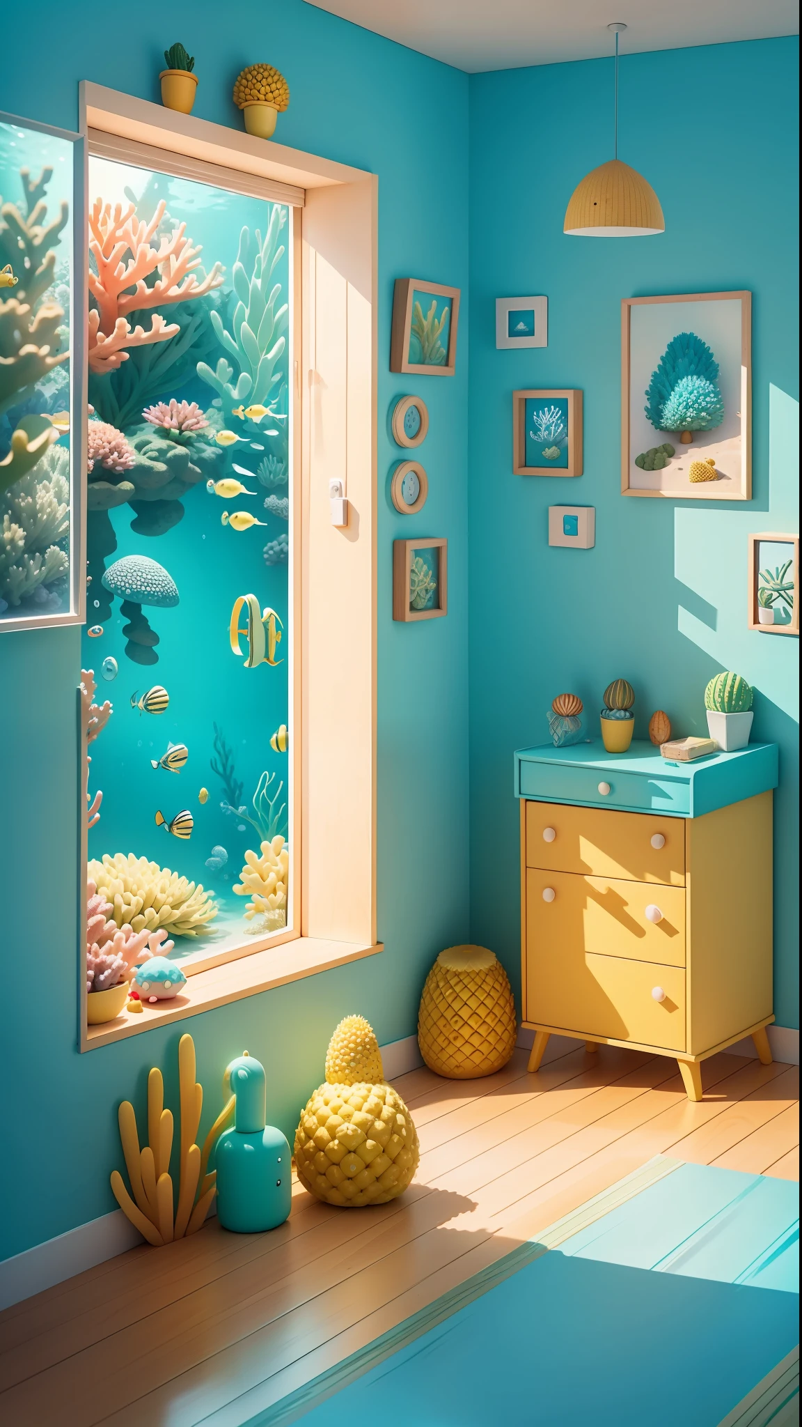 Underwater SpongeBob SquarePants Pineapple House, simple ocean underwater, fresh, summer, lively sparkling, simple picture, fresh color, bright picture, there is a cute small room, a small number of coral reefs, simple and clean picture, advertising art, poster, 8K ultra high resolution, super HD