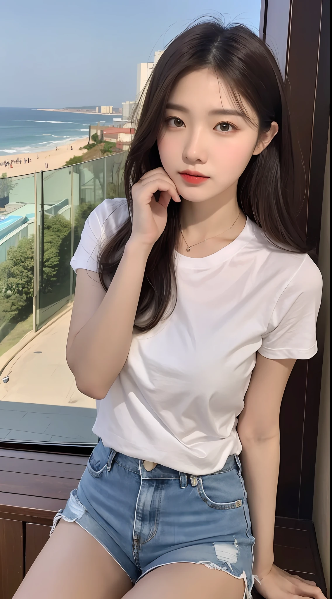 ((Best Quality, 8K, Masterpiece: 1.3)), Focus: 1.2, Perfect Body Beauty: 1.4, Buttocks: 1.2, (Layered Haircut: 1.2)), (Dark Street: 1.3), Highly Detailed Face and Skin Texture, Fine Eyes, Double Eyelids, Whitened Skin, Long Hair, (Round Face: 1.5), (Short Sleeves, Shorts: 1.6) Qingdao Resort, Sea View Room