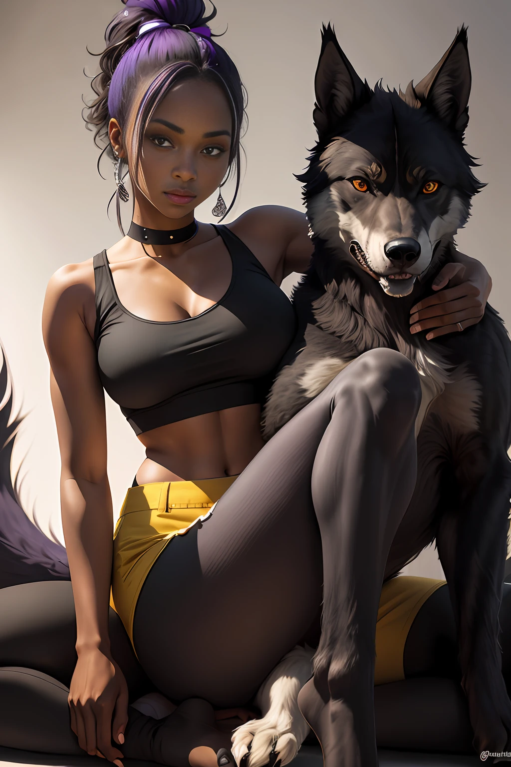 A 20-year-old black woman, ponytail with fringes, yellow eyes wearing a black top, purple pants, with a wolf sitting next to her, full body (extremely detailed) (soft lighting)