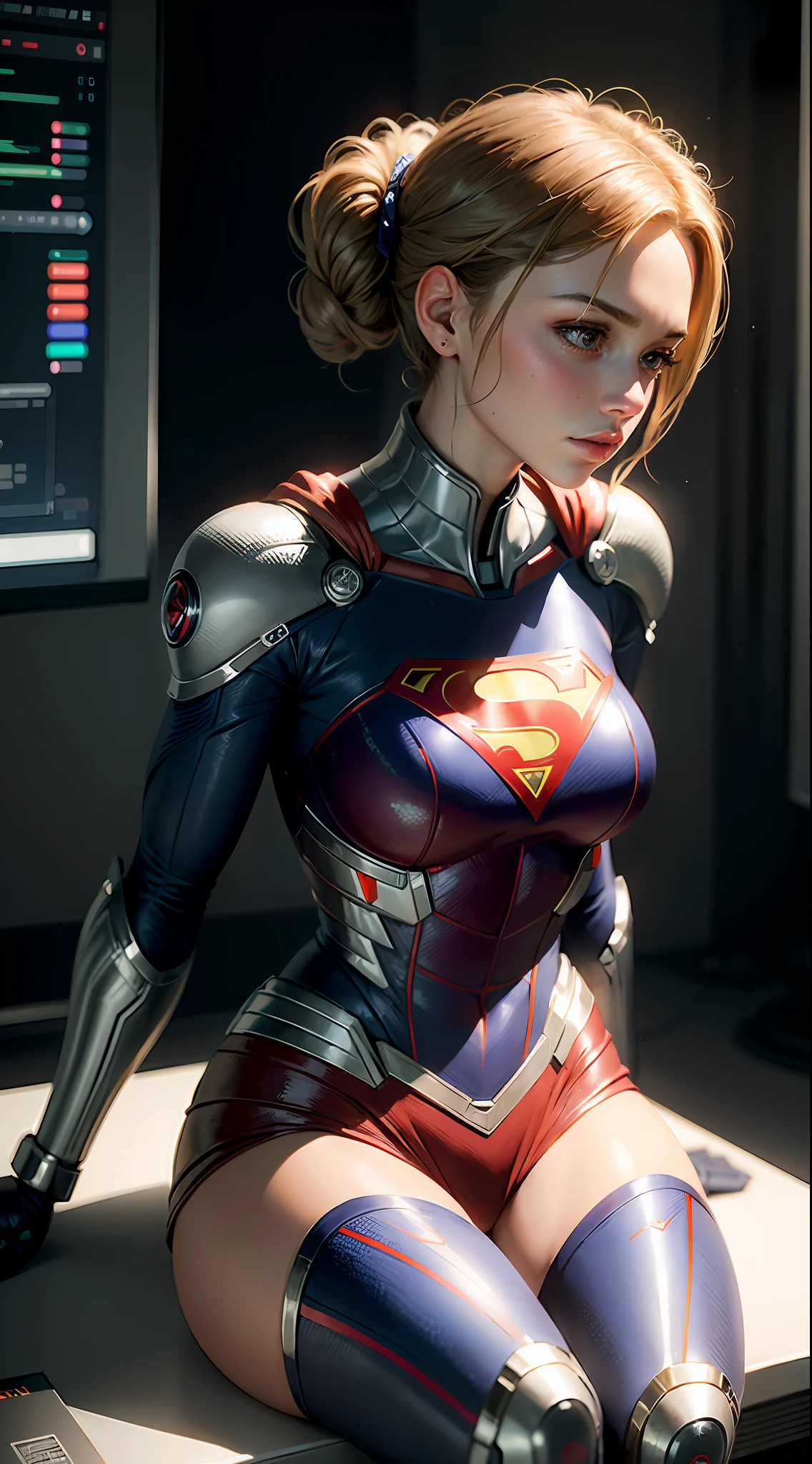 ultra detailed complex 3d rendering of a gorgeous profile of a supergirl porcelain android face, cyborg, robotic parts, 150 mm, beautiful soft studio light, rim light, vibrant details, luxurious cyberpunk, lace, hyper-realistic, anatomical, facial muscles, electrical cables, microchip, elegant, beautiful background, octane rendering, HR Giger style, 8k, best quality, Supergirl masterpiece,  illustration, extremely delicate and beautiful, short haired brunette, extremely detailed, CG, unit, wallpaper, (realistic, photorealistic: 1.37), amazing, finely detailed, masterpiece, best quality, official art, 8k unit wallpaper CG extremely detailed, absurd, incredibly absurd, robot, silver helmet, full body, sitting, superman symbol S on chest, in action.
