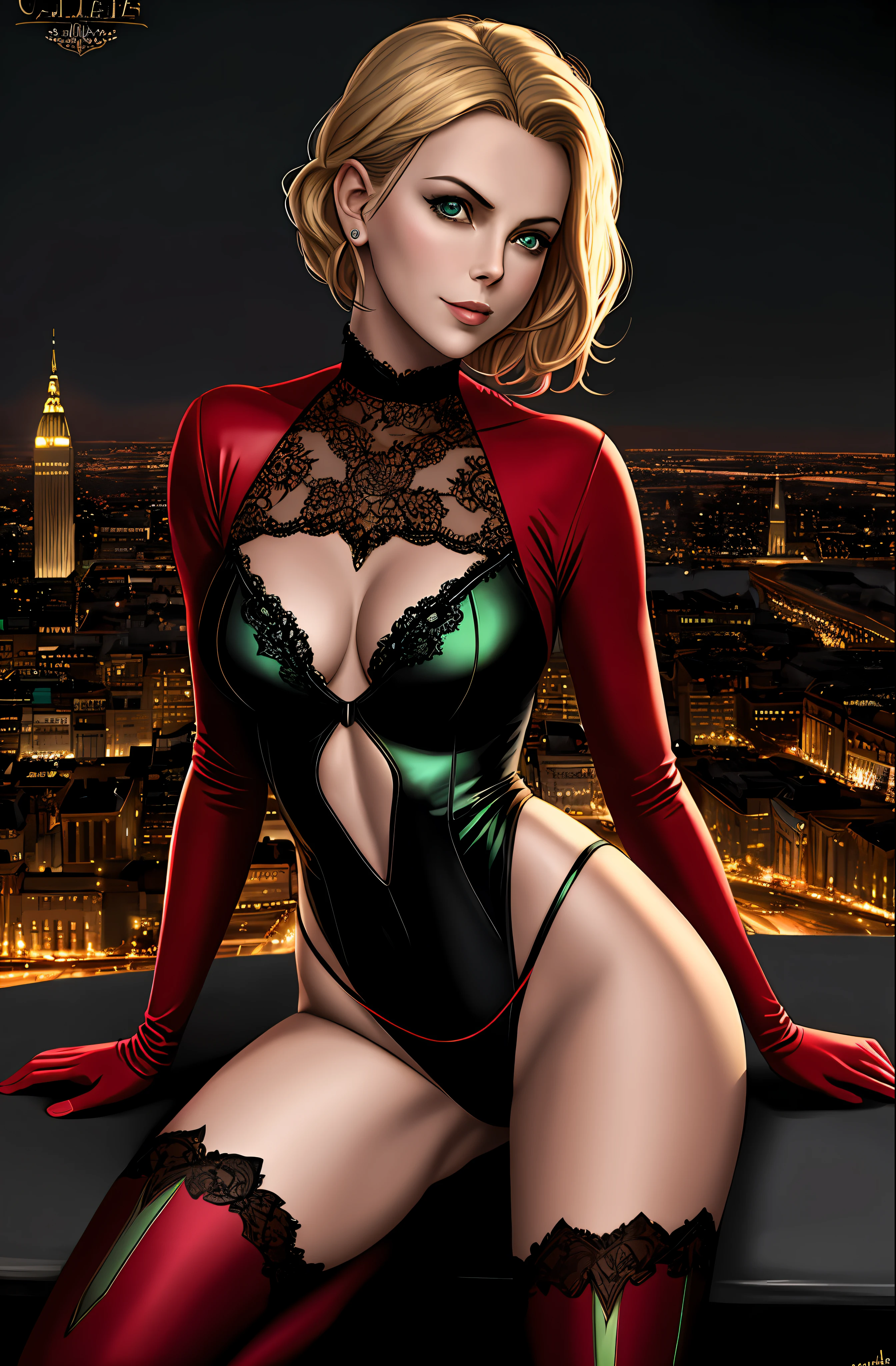 Charlize theron Harley Quinn from DC Comics beautiful Hungarian woman, intricately decorated, realistic rendering Character design, photorealistic, unreal mechanism, hyperdetailed. ((best quality)), ((masterpiece)), ((realistic)), (detailed), close-up portrait, full-body portrait, green eyes, black and red costume, highly detailed skin and hair, looking at the viewer, stunning gradient colors, sadistic smile, detailed background, city at night, detailed mouth, incredibly detailed, ((masterpiece)), absurdities, HDR.
