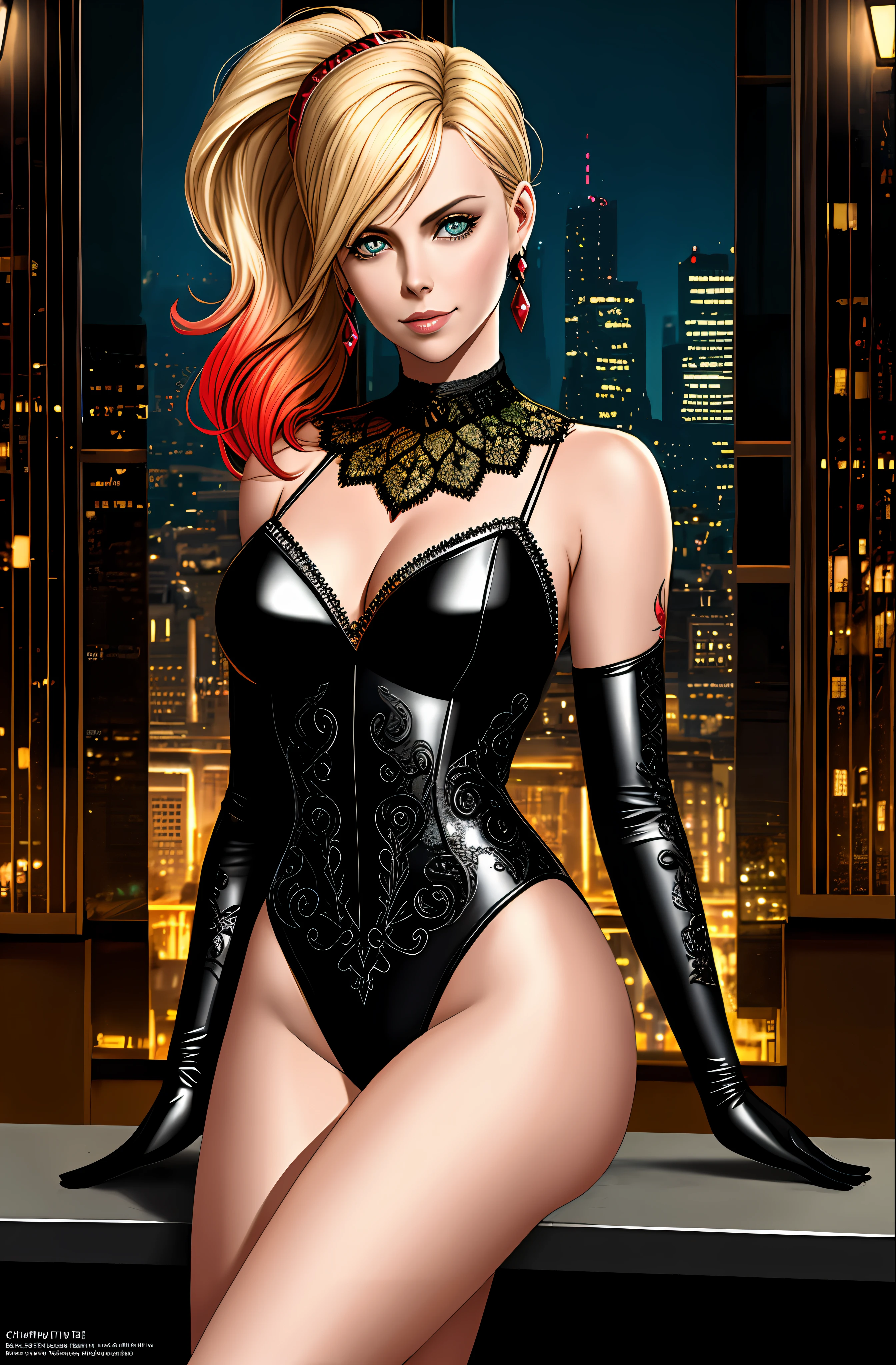 Charlize theron Harley Quinn from DC Comics beautiful Hungarian woman, intricately decorated, realistic rendering Character design, photorealistic, unreal mechanism, hyperdetailed. ((best quality)), ((masterpiece)), ((realistic)), (detailed), close-up portrait, full-body portrait, green eyes, black and red costume, highly detailed skin and hair, looking at the viewer, stunning gradient colors, sadistic smile, detailed background, city at night, detailed mouth, incredibly detailed, ((masterpiece)), absurdities, HDR.