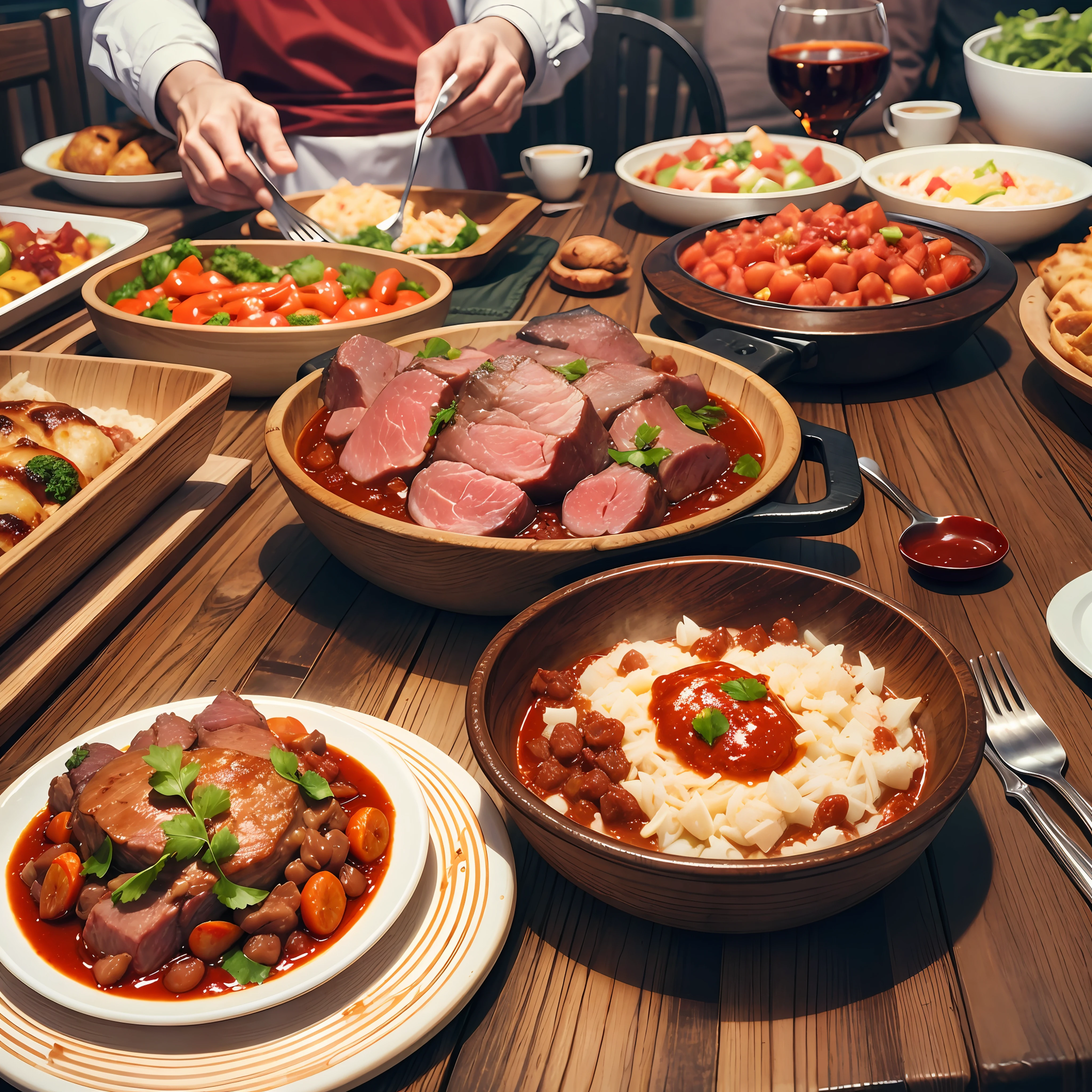 Real photo of a table full of red meat dishes, make it realistic --auto --s2