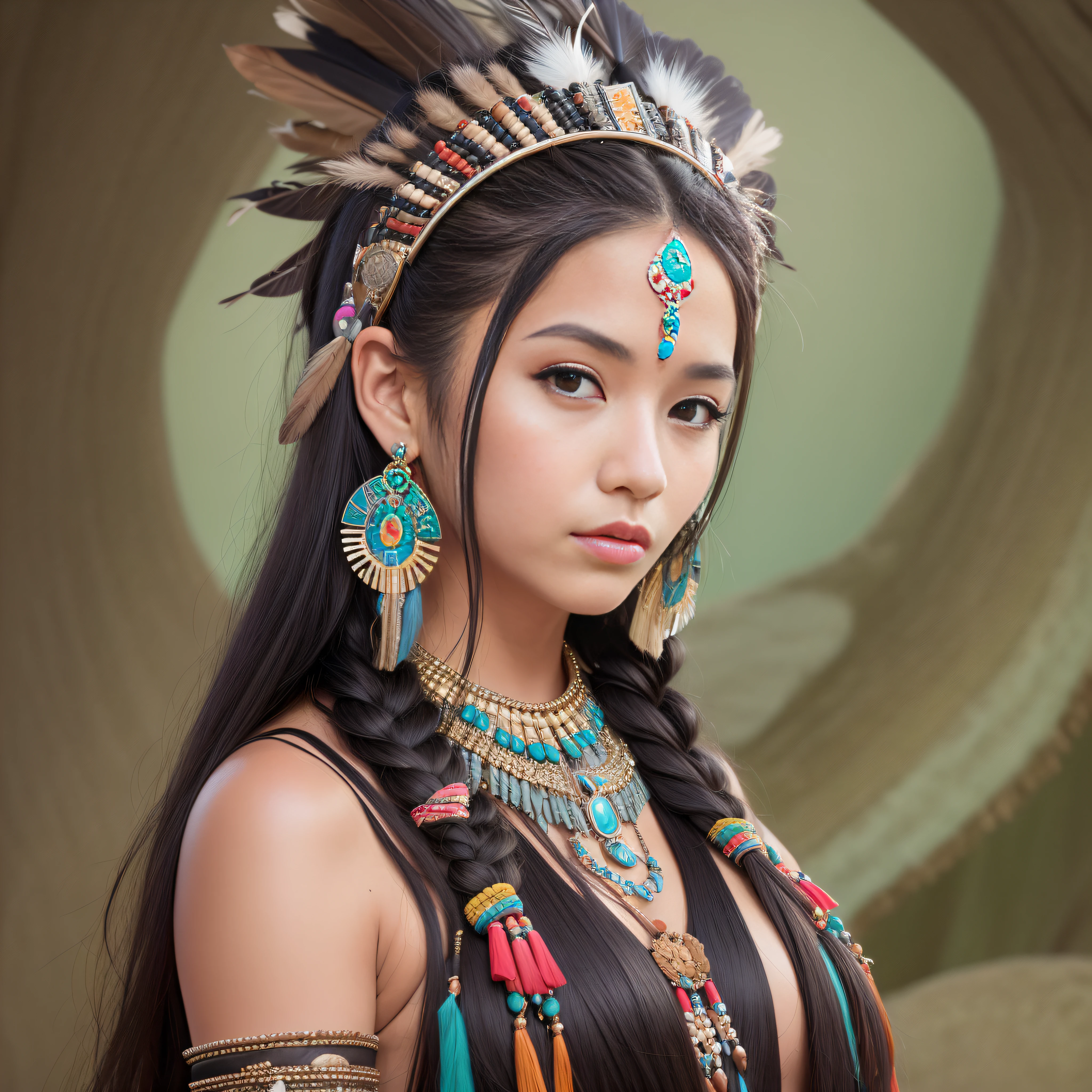(full portrait), (half shot), earth, detailed background, detailed face, (stonepunkAI, stone theme: 1.1), sage, (woman), (Native American), (beautiful hair, braids: 0. 2), shaman, septum piercing, mystical, (beautiful face), stunning, head tilted upward, (eyes slightly open, serene expression), calm, meditating, dress made of two moose skins sleeveless cube dress with arm slits, tribal leader's feathers in hair, headdress:0.33, jade, obsidian, colorful clothing, cleavage, realistic skin