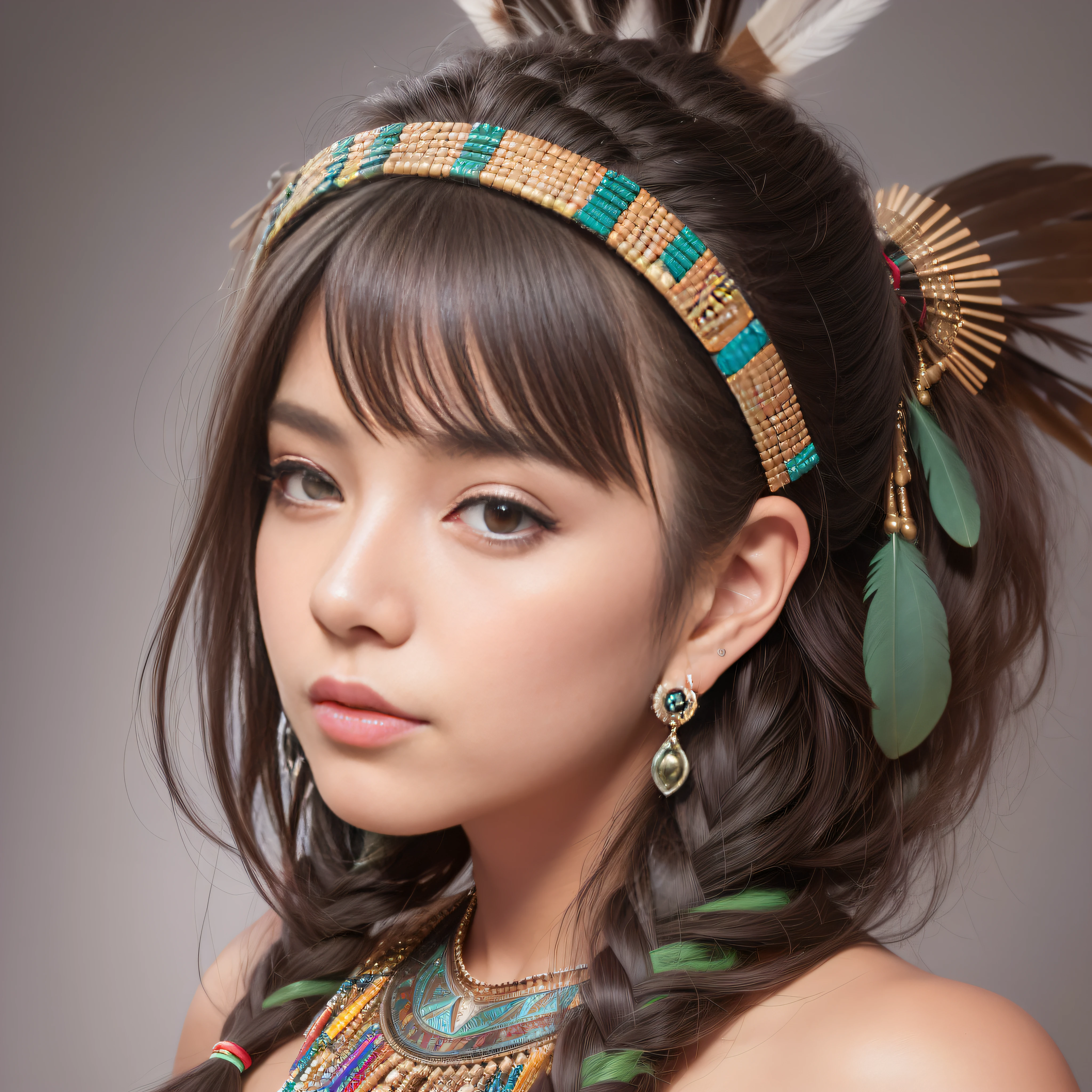 (full portrait), (half shot), earth, detailed background, detailed face, (stonepunkAI, stone theme: 1.1), sage, (woman), (Native American), (beautiful hair, braids: 0. 2), shaman, septum piercing, mystical, (beautiful face), stunning, head tilted upward, (eyes slightly open, serene expression), calm, meditating, dress made of two moose skins sleeveless cube dress with arm slits, tribal leader's feathers in hair, headdress:0.33, jade, obsidian, colorful clothing, cleavage, realistic skin