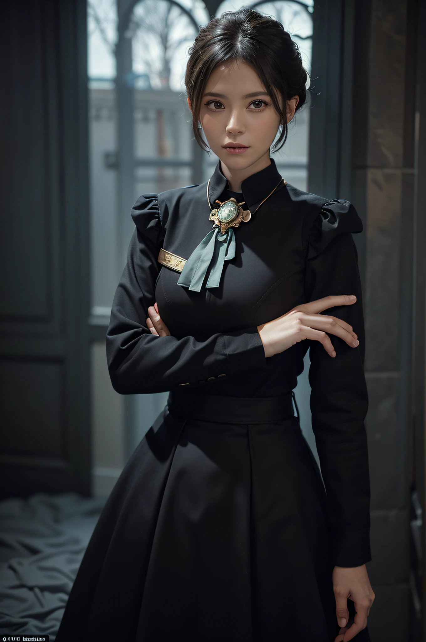 (Front Focus), (In the Dark: 1.6), Surrealist Female Portraits by David Hockney and Alphonse Mucha, Fantasy Art, Photo Realism, Dynamic Lighting, ArtStation, Poster, Volumetric Lighting, Very Detailed Faces, 4 K, Award, 1Girl, In the Dark, Deep Shadow, Low Key, Cowboy Shot, (Official Uniform: 1.4), Short Hair, (Gray Hair: 1.2)