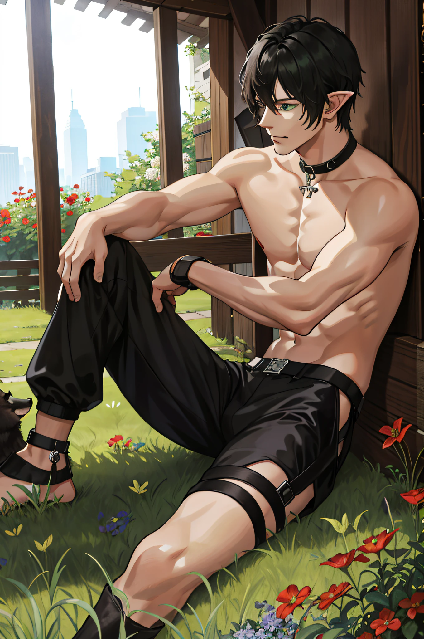 (absurdres, highres, ultra detailed), (1 solo male) 1 male, elf adult, handsome, tall slender guy, narrow eyes, narrow shoulders, finely detailed eyes and detailed face, messy shaggy black hair, side bangs, bangs, green eyes, sexy twink, shirtless, final fantasy 14, dog collar, full body shot, tired, in a compromised position, in a dirty old barn