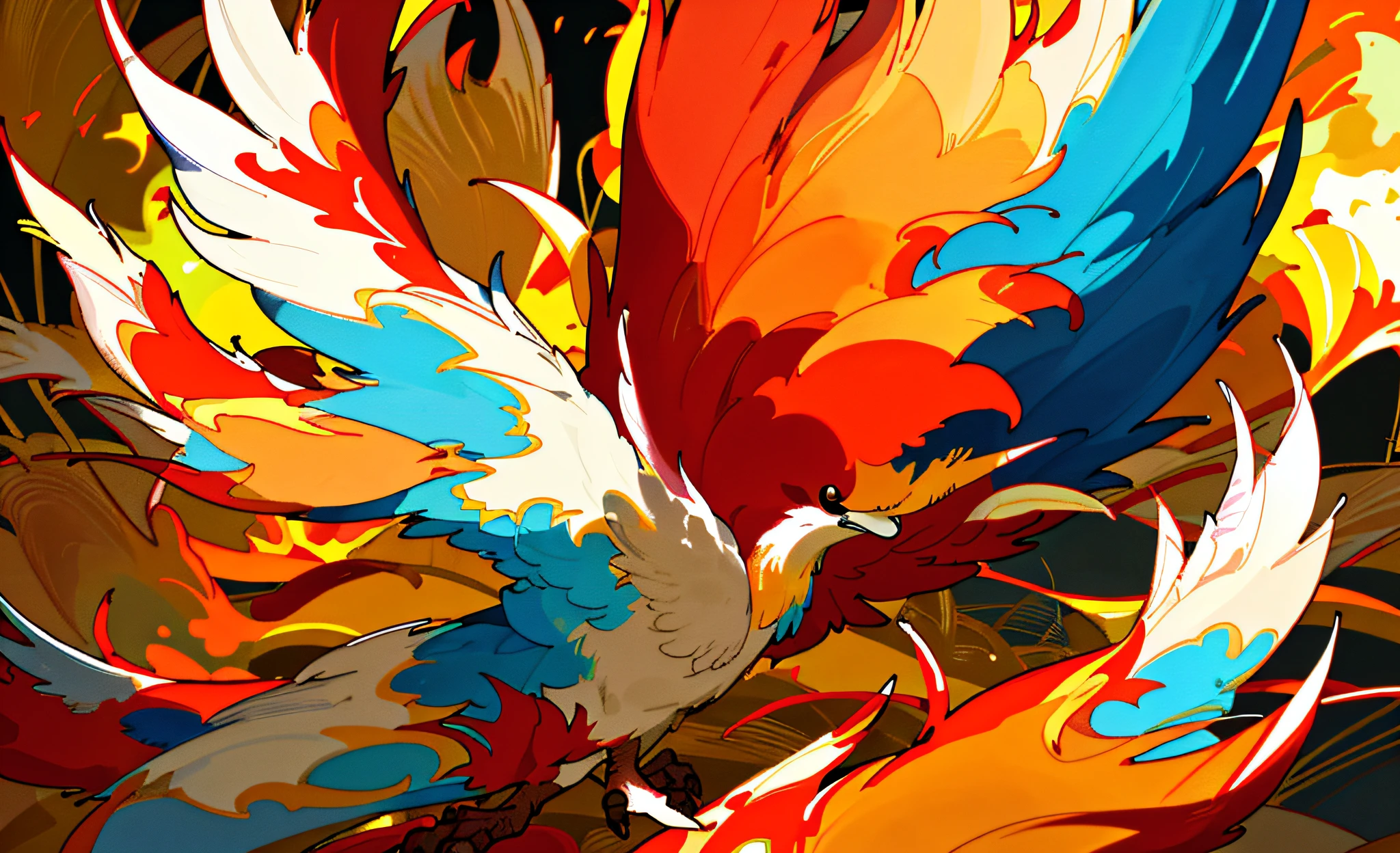 Masterpiece, highest quality, refined, multi-detailed, very detailed, ((flame)), feathers, sunlight, red, gold, white, sky blue, cluttered images