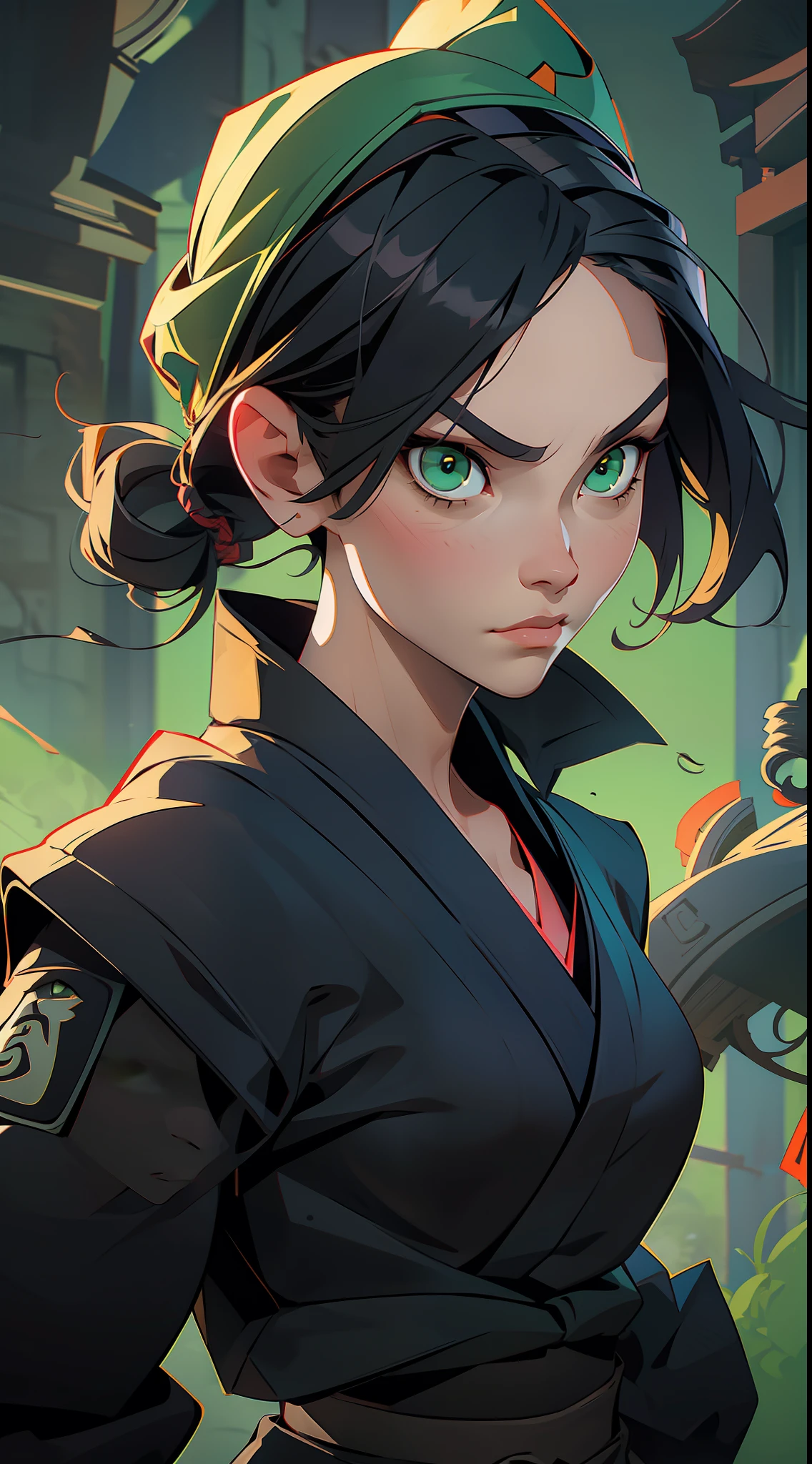 female ninja, pretty face, serious face, green eyes, short black hair, wearing a ninja mask, perfect body, fit body, abs, muscular, (((in a Japanese temple)))