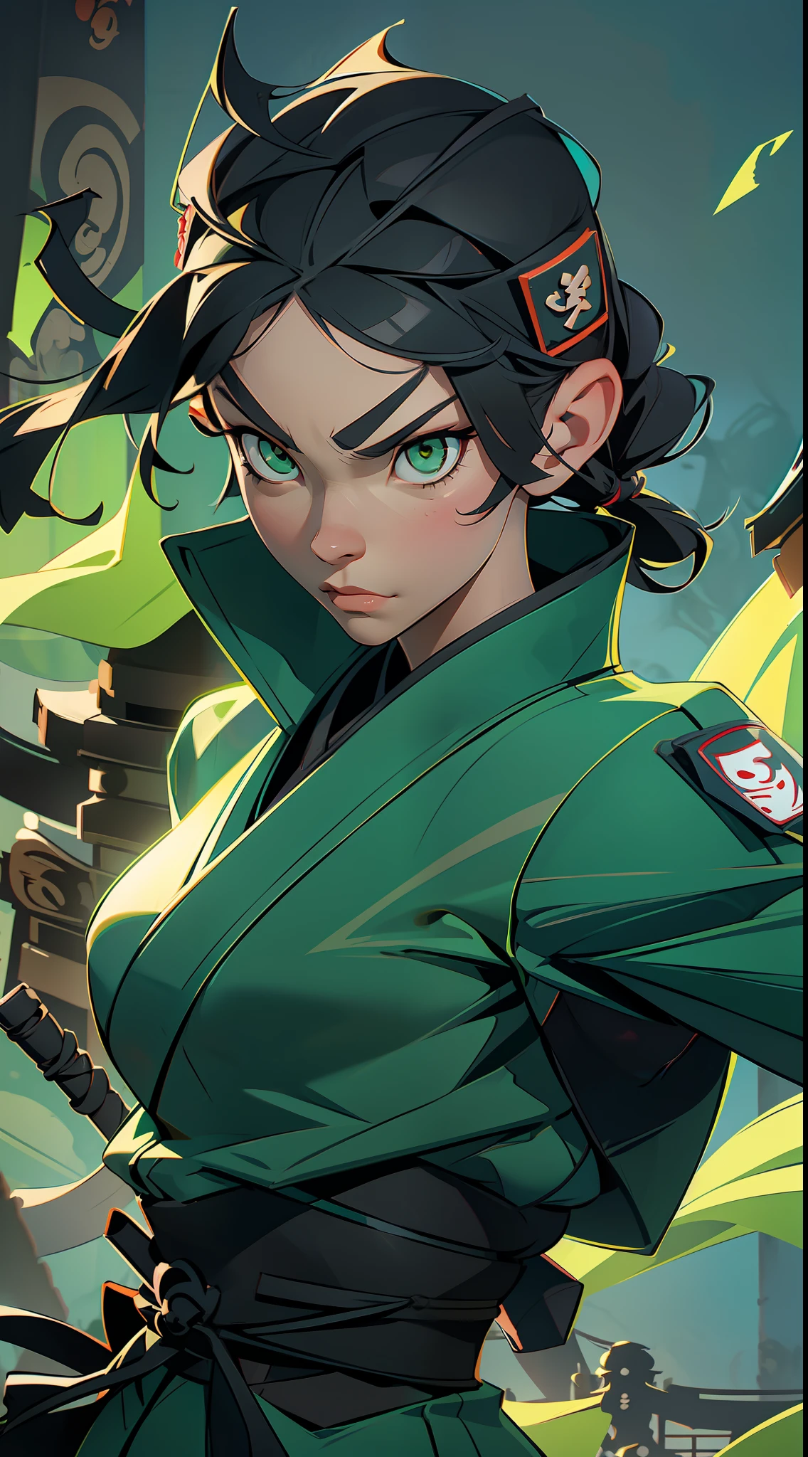 female ninja, pretty face, serious face, green eyes, short black hair, wearing a ninja mask, perfect body, fit body, abs, muscular, (((in a Japanese temple)))