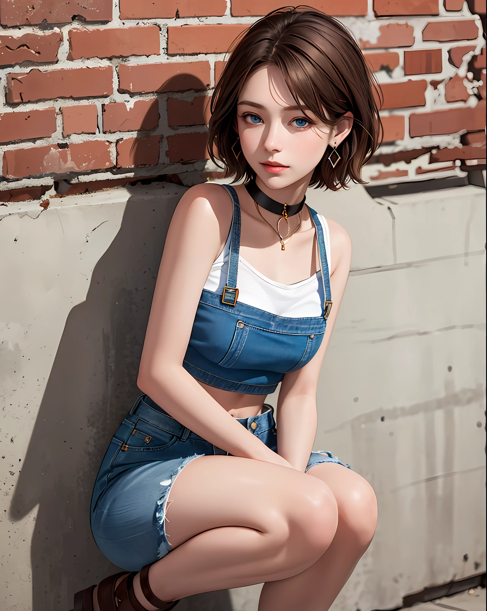 (masterpiece, best quality, 1girl, solo, fine detail, chromatic aberration), realistic, (medium breath)), short hair, brown hair, brown highlight, hair above one eye, blue eyes, earrings, sharp eyes, choker, small suspenders, open plaid shirt, crop top, (symmetrical eyes), (perfectly symmetrical body), (symmetrical real hands), denim shorts, Perfectly symmetrical legs, (1.4 full body), against walls, brick walls, dim lights, alleys, looking down on the audience