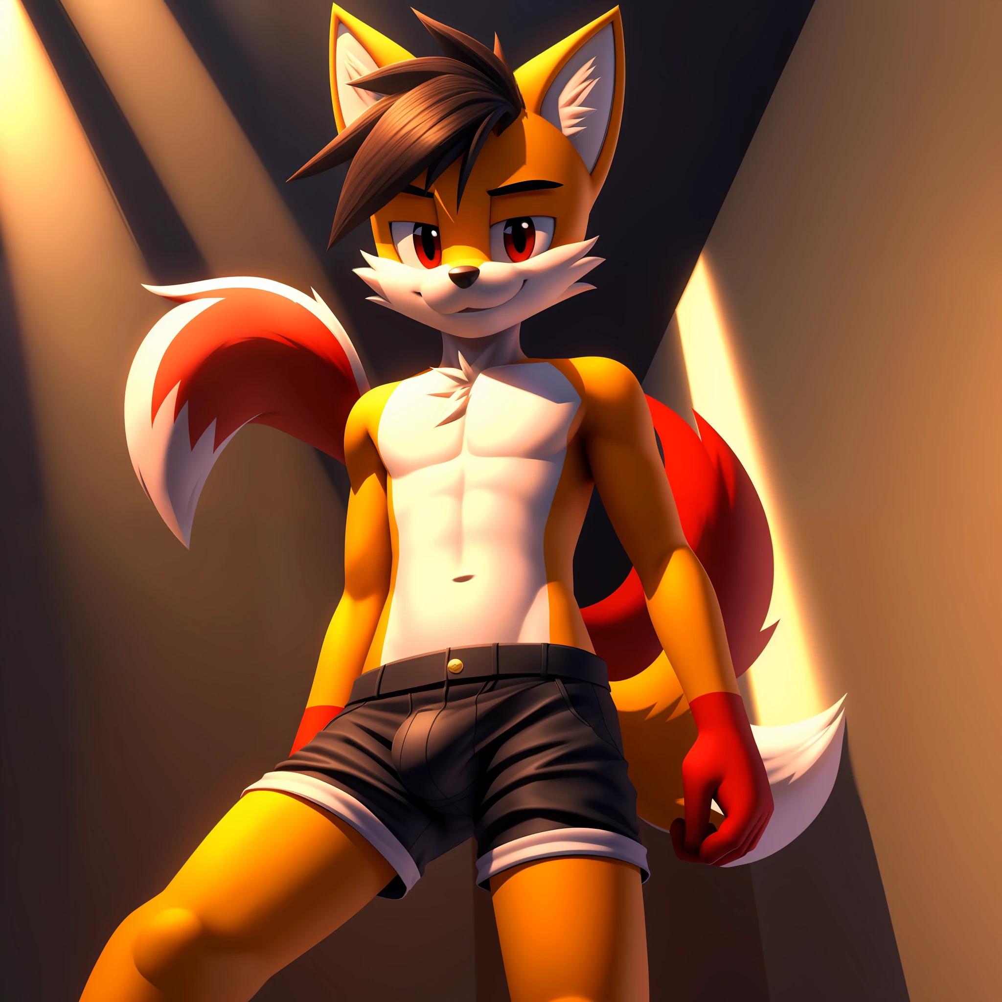 masterpiece, Male wolf with red fur and black hair with , male, with a small bulge, pants dropped in the middle of the leg, solo, no group, not double, smiling, great lighting, soft light, no logo mark, no extra limbs, 3D, in the style of Miles Tails Prower