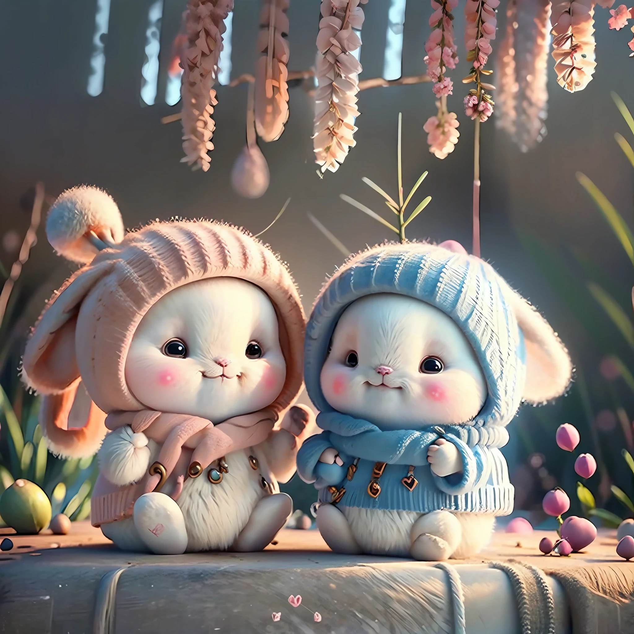 holding camera, tree_stump, flowers, adorable , fluffy, photorealistic, soft lighting,