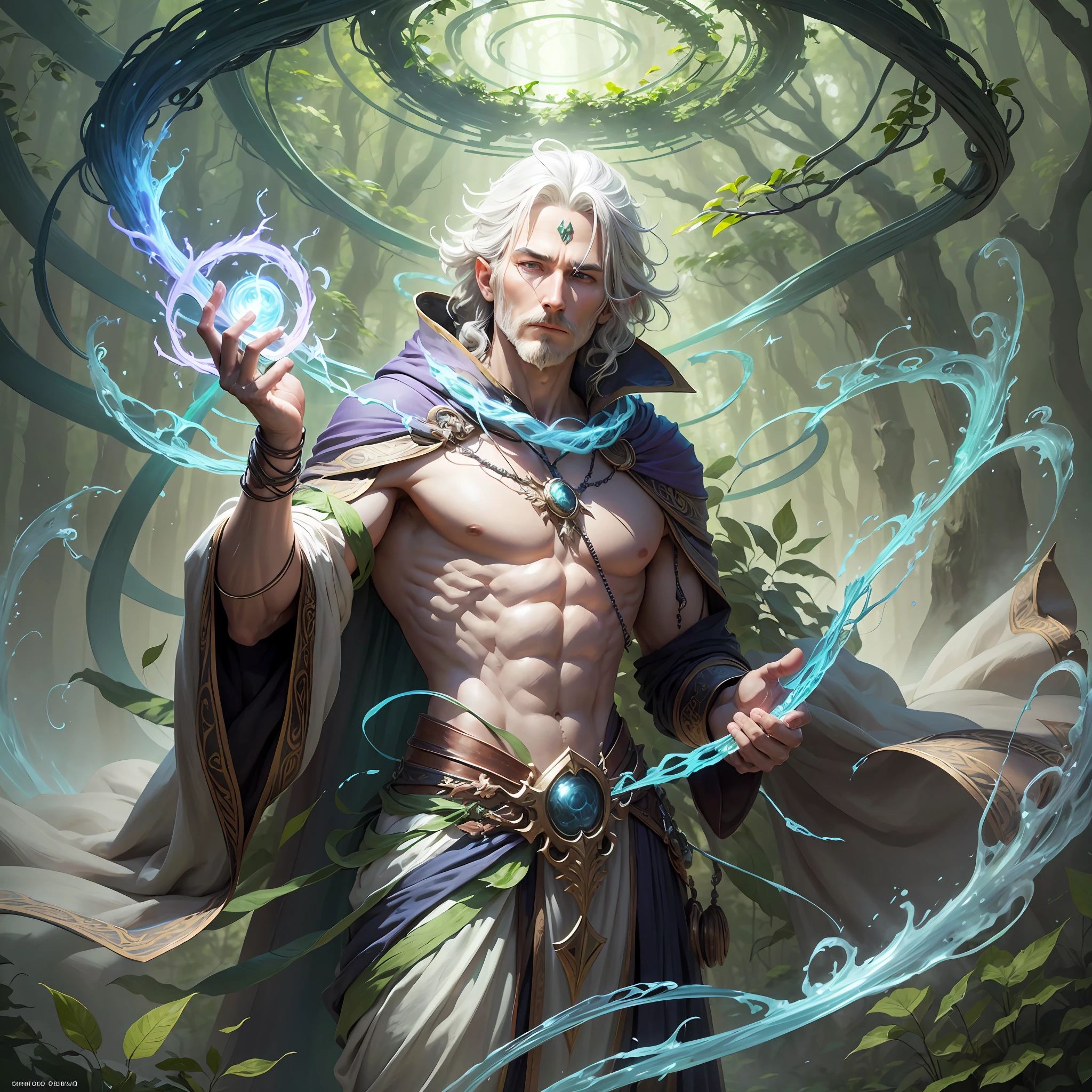 Design an image of a mystical wizard harnessing the forces of nature, with vines and leaves intertwining around his body as he commands the wind to swirl around him --auto --s2
