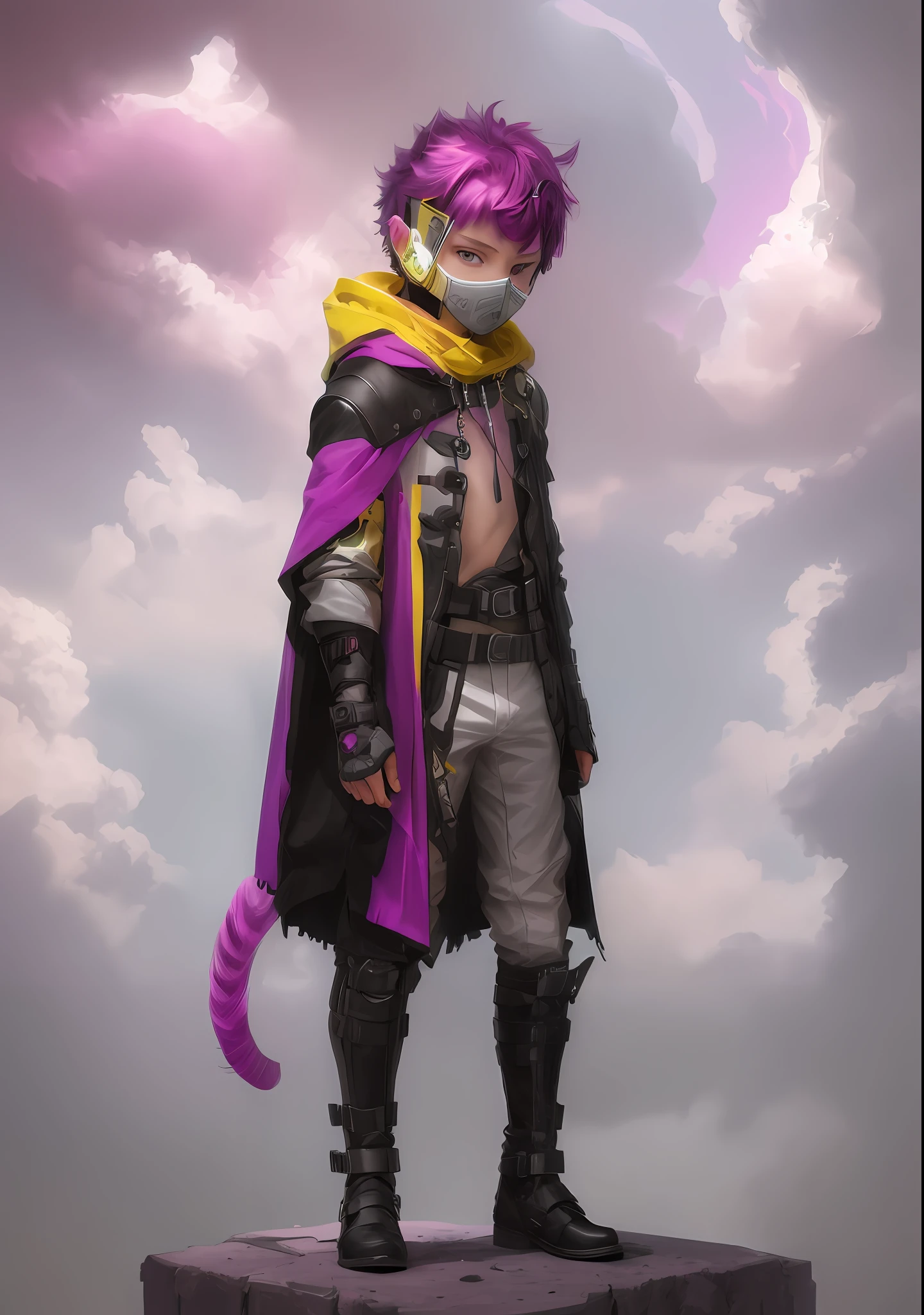(masterpiece), best quality, ultra-detailed, ((1boy)), ((facing viewer)), yellow cat eyes, ((bright magenta hair)), ((solo))