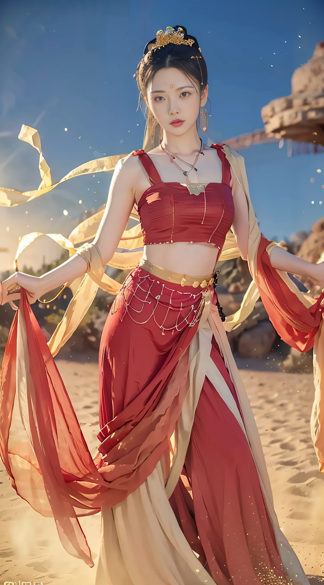 (8k, RAW photo, best quality, masterpiece:1.2), (realistic, photo-realistic:1.4), (extremely detailed CG unity 8k wallpaper), (1 girl:1.5), Western beauty, (Red clothes: 1.4), red dots on forehead, pale skin, blush, big eyes, full body, thighs, open navel, gold waist chain, gold jewelry, flying ribbons, cool flying dance moves, particles, desert in the background, sky, dance, dunhuang_dress, dunhuang_style,