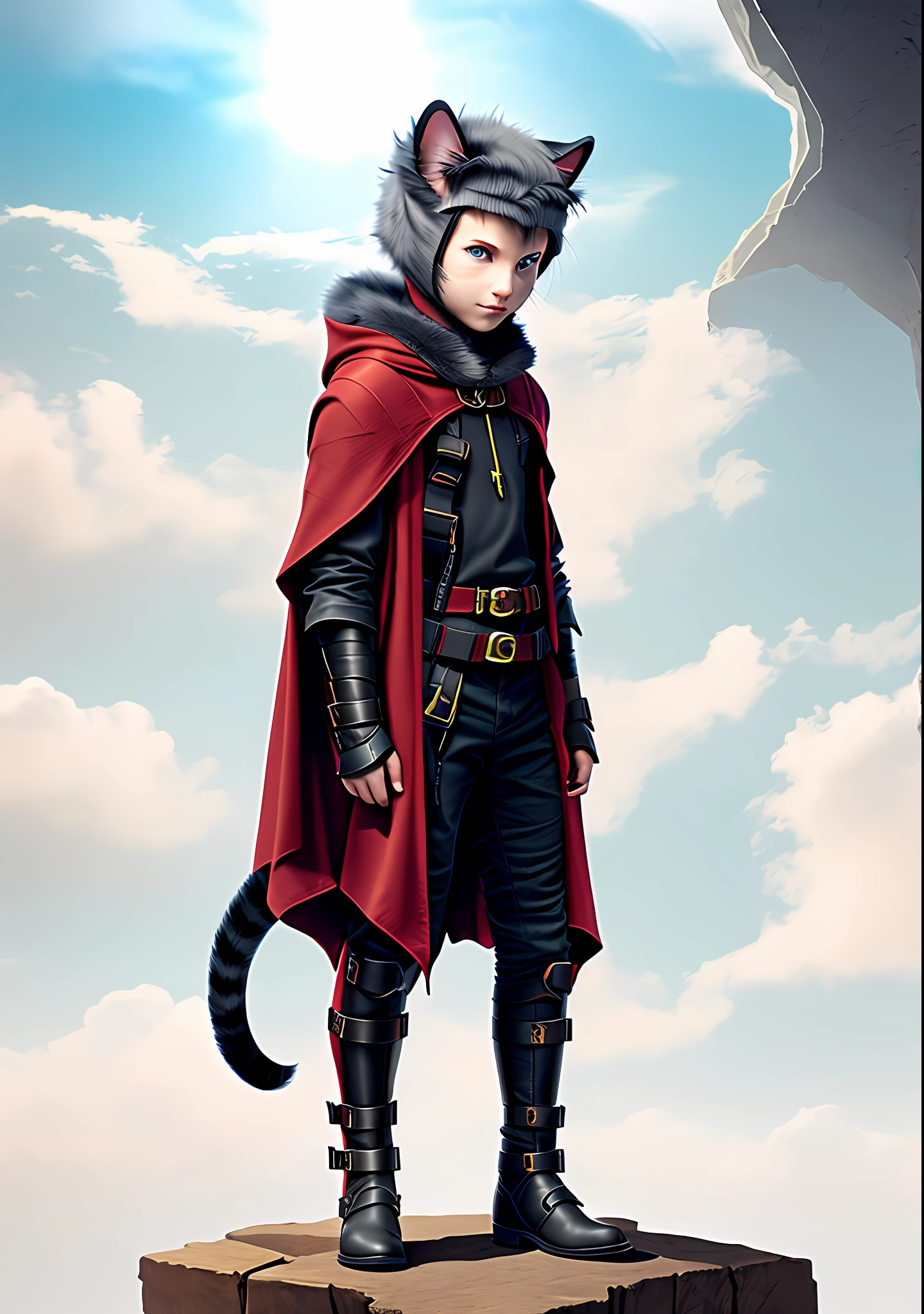 there is a man in a red cape and black clothing standing on a rock, an adventurous traveling boy, red cloak, desert hunter, ((half boy half cat)), (((anthropomorphic cat))), ((realistic gray cat fur)), protective underwear, long leather boots tied, ((cat ears)), ((cat tail)), burgundy colored hair, red hair, ((inner clothing in dark gray colors)), (()), ((realistic cat eyes)), amazing 8k character concept art