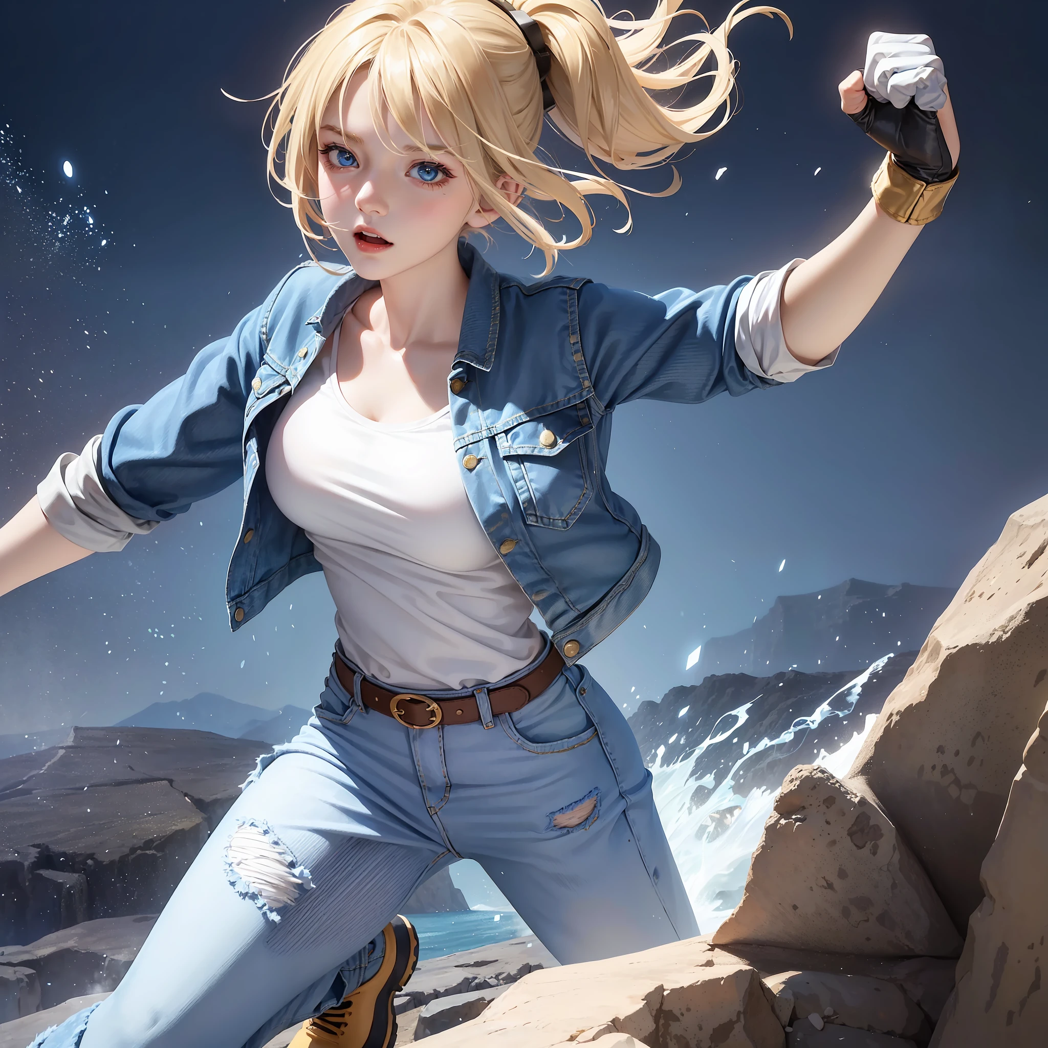 (((1 girl, cute, denim jacket, white top, jeans, Gloves, blond, short hair, bob hair, side parted hair, blue eyes))), (((blond hair))),
dynamic poses, manga style, depicting a group of characters in various action scenes, from intense battles to lighthearted moments, with dramatic speed lines and bold sound effects, capturing the excitement and energy of the story, Laser rays from the palm of hand, Attack forward with palm, yellowstone park, Grand Canyon,