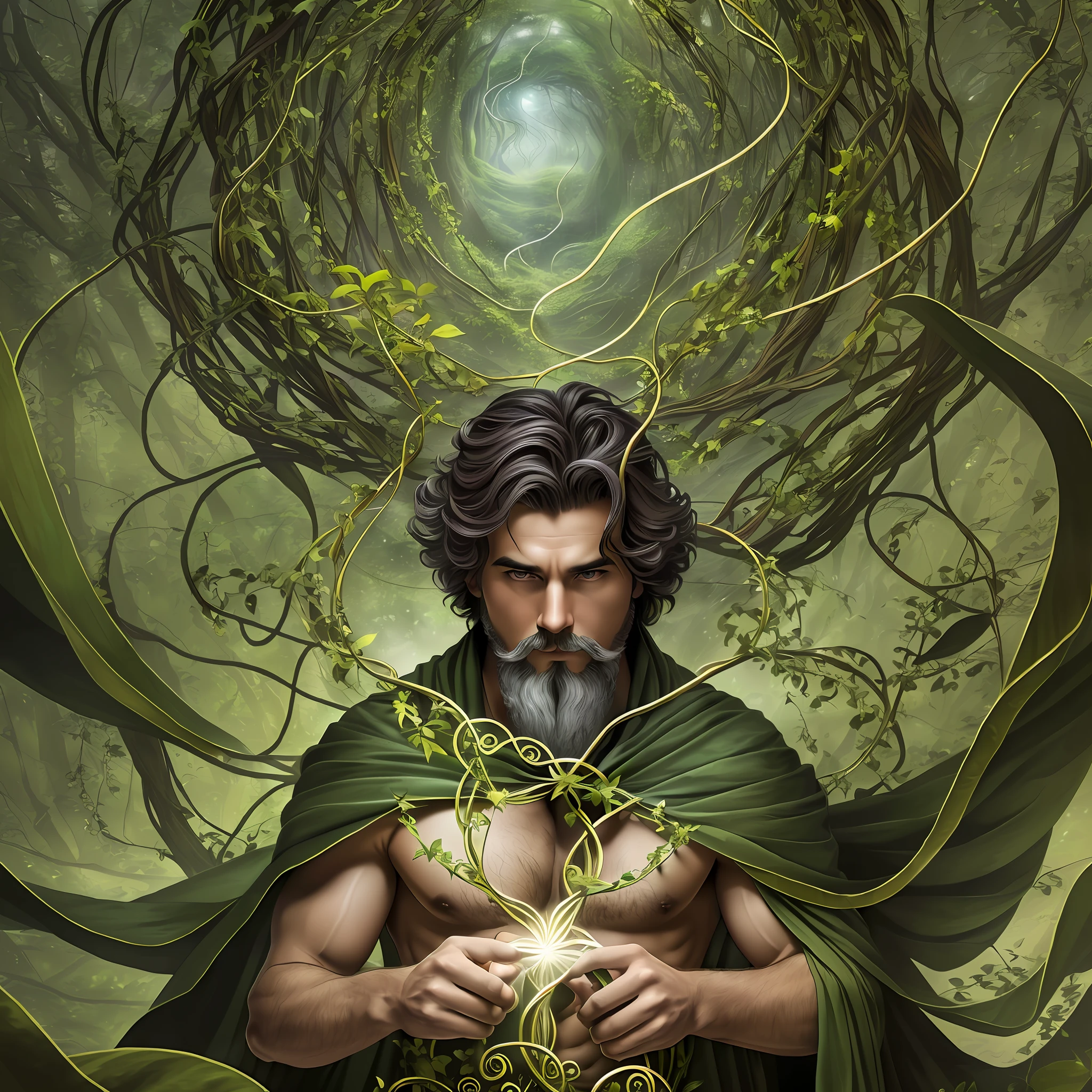 Design an image of a mystical wizard harnessing the forces of nature, with vines and leaves intertwining around his body as he commands the wind to swirl around him