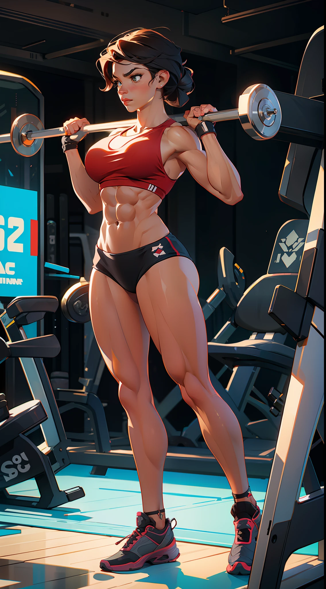female bodybuilder, beautiful face, serious face, perfect body, fit body, abs, muscular,((( in the gym))), ultra details