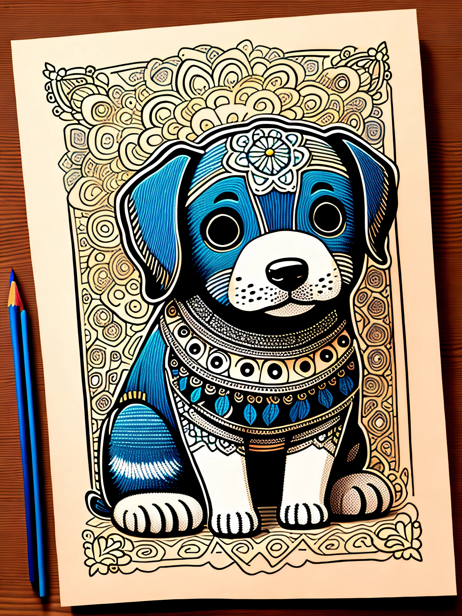 a hand painted a page of a book with cute dog puppy, coloring book cover, mandala, hyper detailed line art, coloring expert