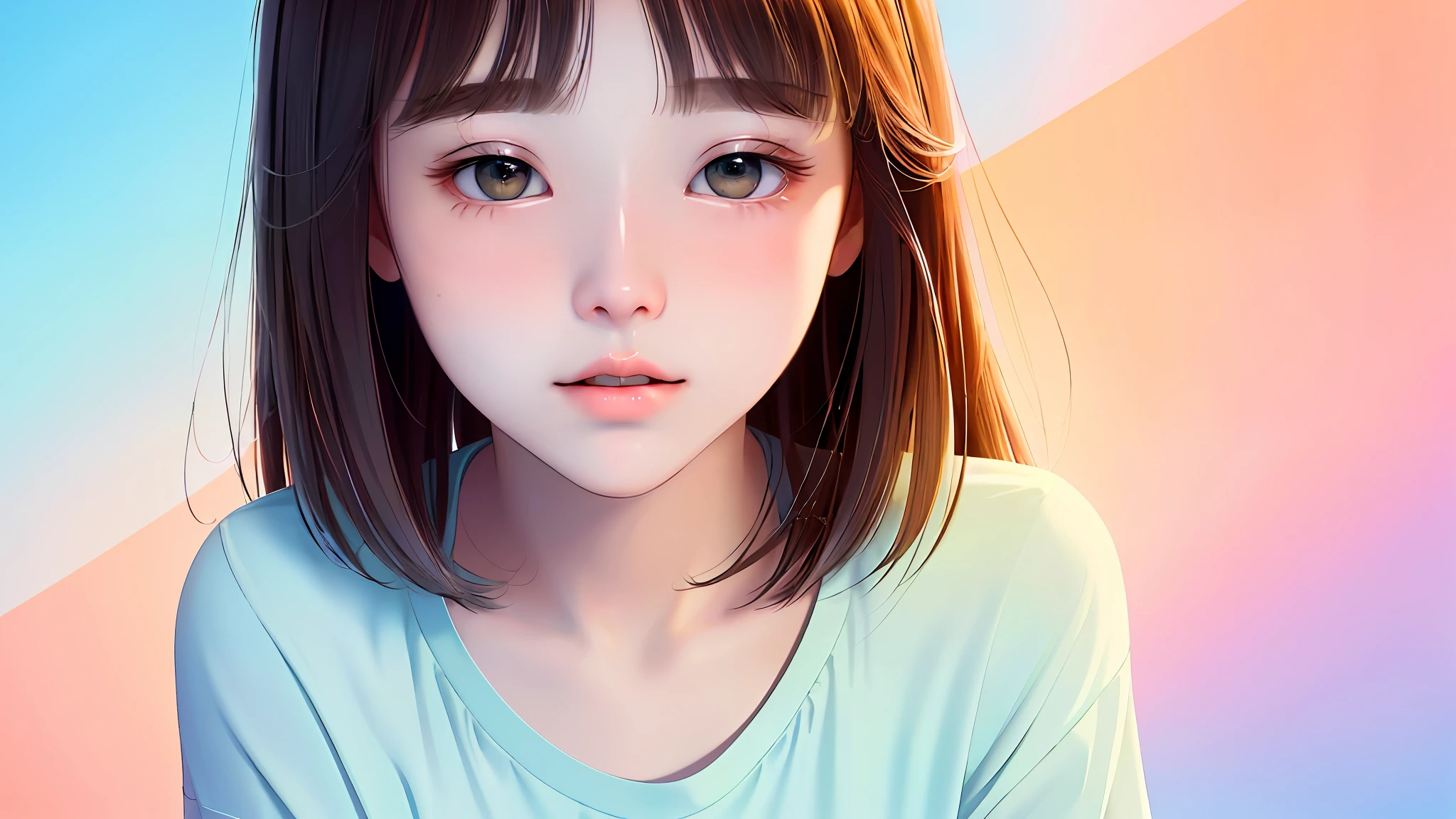 original,(illustration:1.1),(best quality),(masterpiece:1.1),(beautiful and clear background:1.25),(extremely detailed CG unity 8k wallpaper:1.1), 
1girl, flat bangs, stunning innocent symmetry face, shirt, emotional, ulzzang, (PureErosFace_V1:0.7)